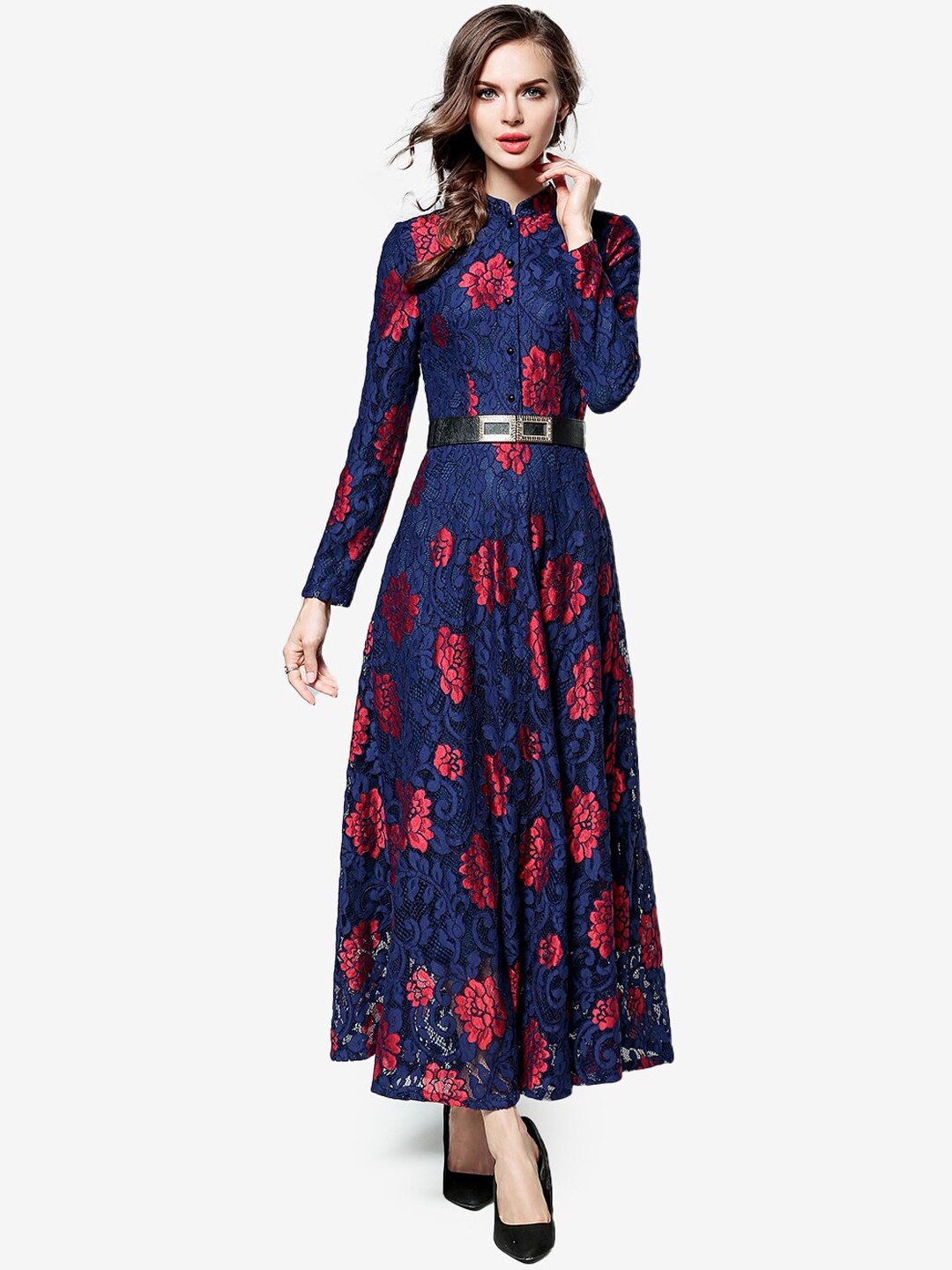 

JC Collection Blue & Red Floral Lace Pure Cotton Maxi Dress