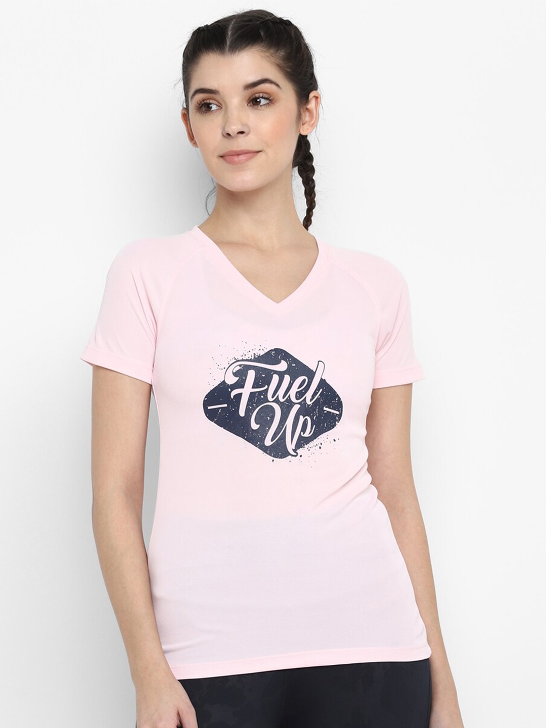 

OFF LIMITS Women Pink Typography Printed V-Neck Slim Fit T-shirt