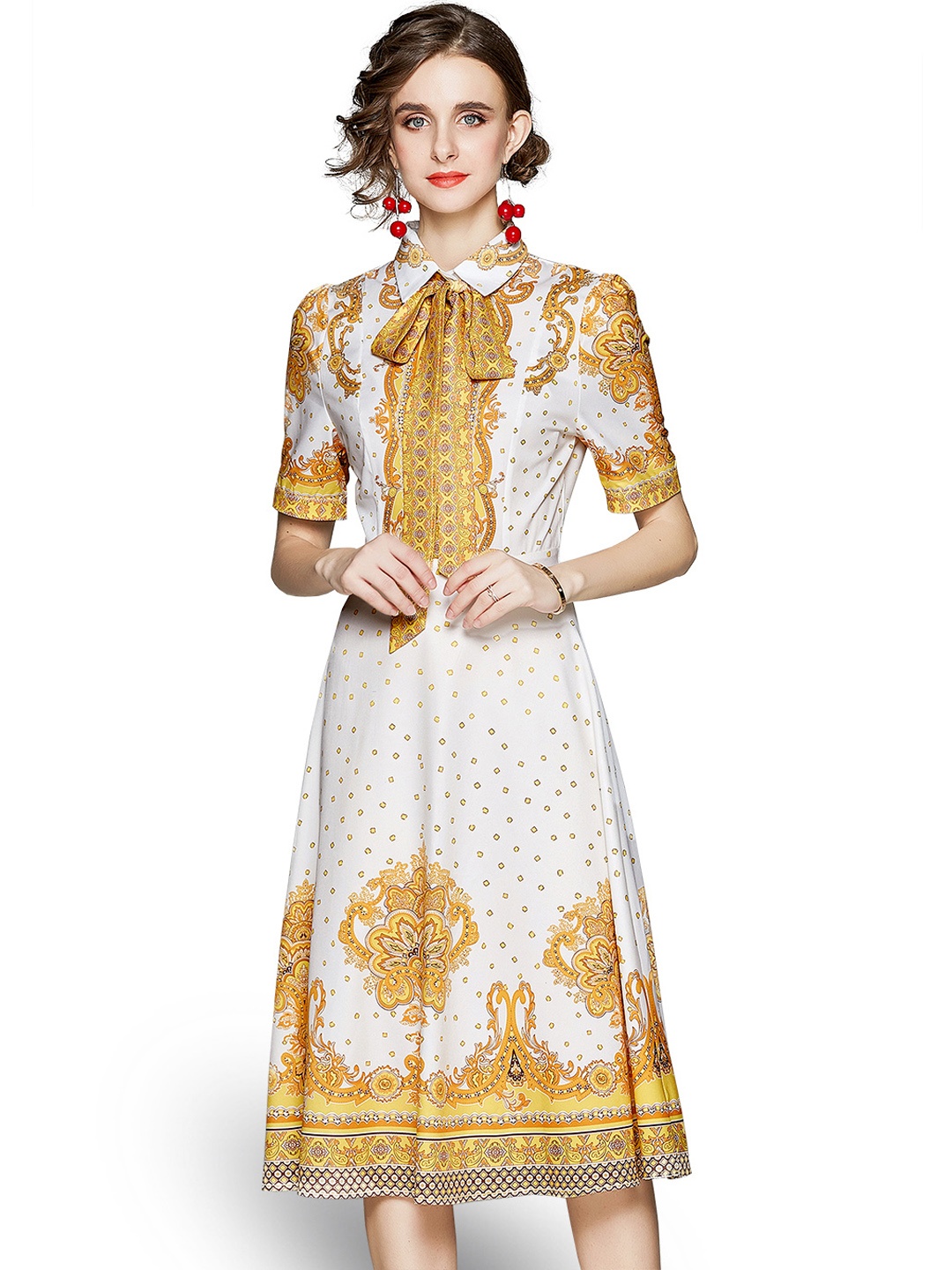 

JC Collection Women Yellow Ethnic Motifs A-Line Midi Dress With Belt