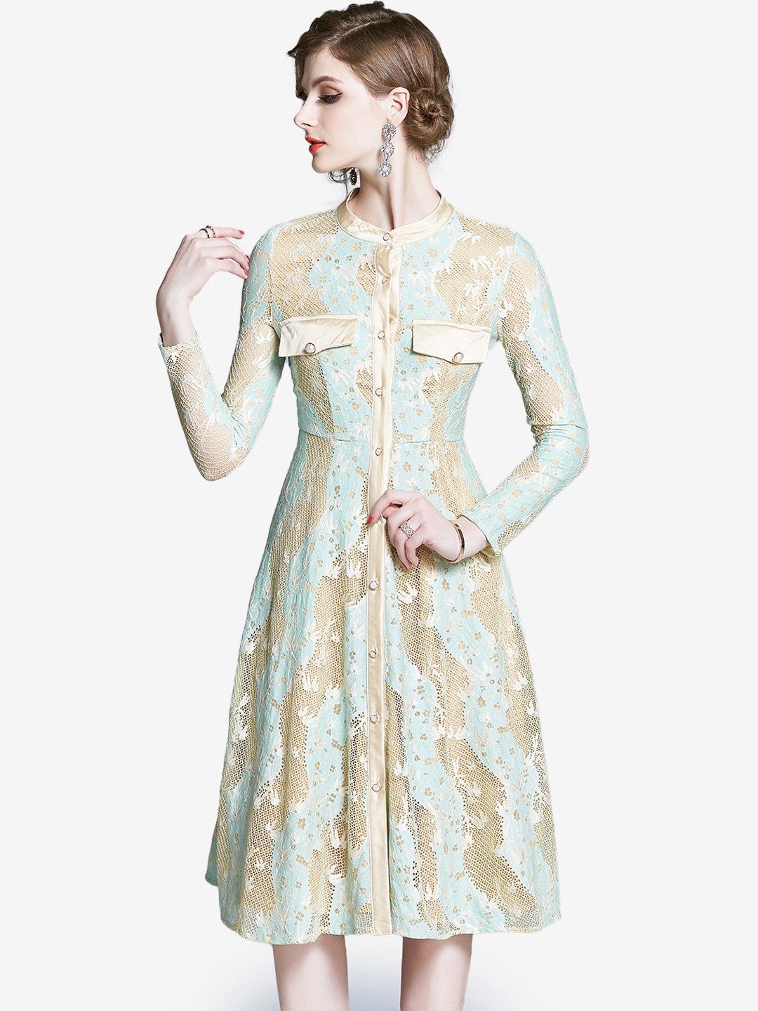 

JC Collection Women Green & Gold Floral Textured A-Line Dress