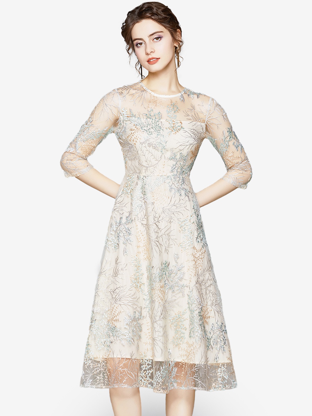 

JC Collection Beige & Green Embroidered Fit & Flare Dress
