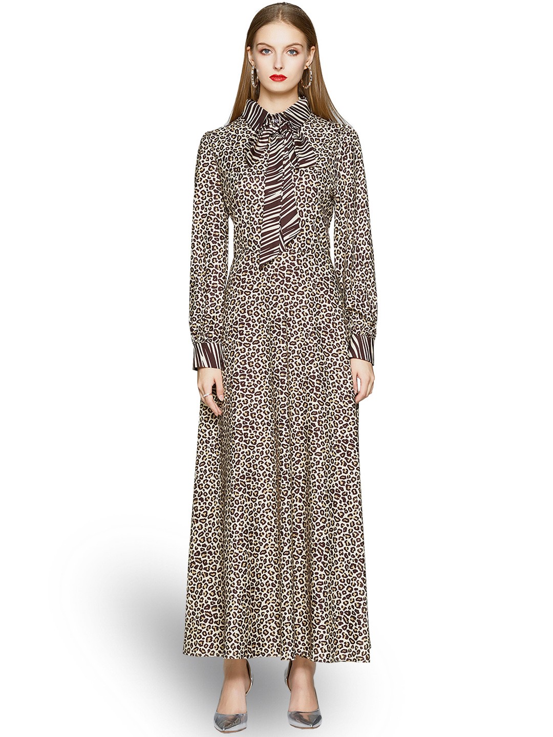 

JC Collection Coffee Brown Leopard Printed A-Line Maxi Dress With Tie-Up