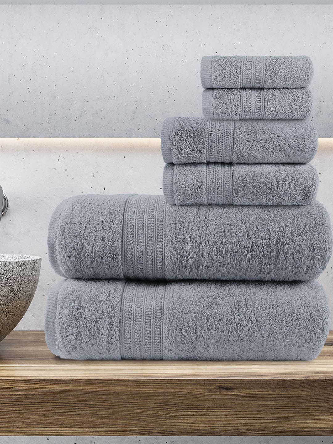 

MYTRIDENT Set Of 6 Grey Solid 550 GSM Soft Comfort Cotton Towel