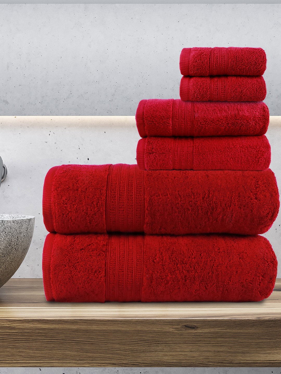 

Trident Set Of 6 Red Solid Pure Cotton 550 GSM Towels