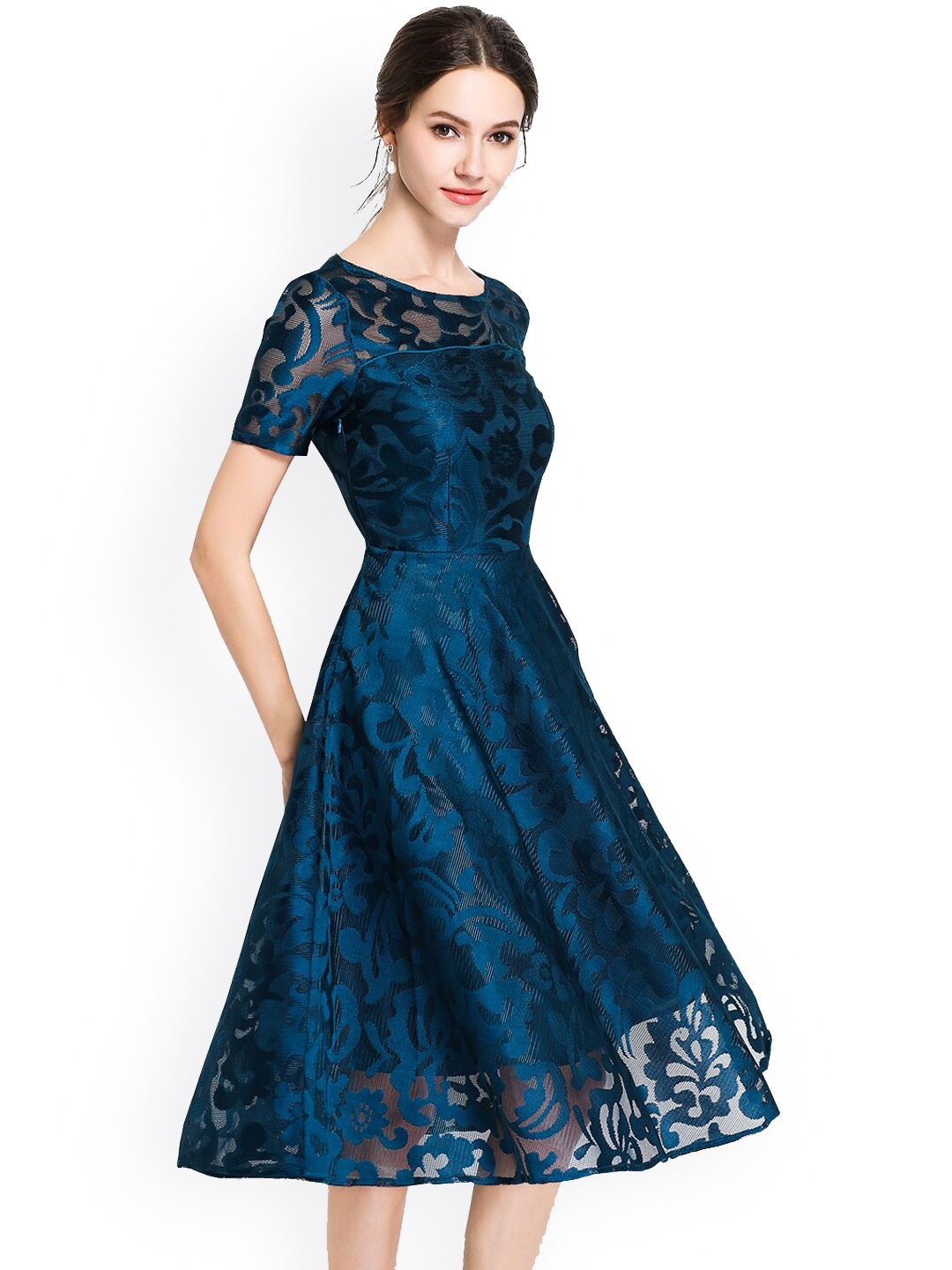 

JC Collection Women Blue Self Design Lace Fit & Flare Dress