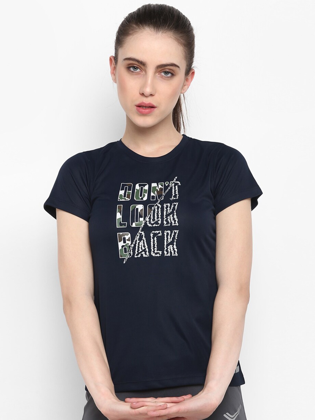 

Yuuki Women Navy Blue Typography Printed Slim Fit T-shirt
