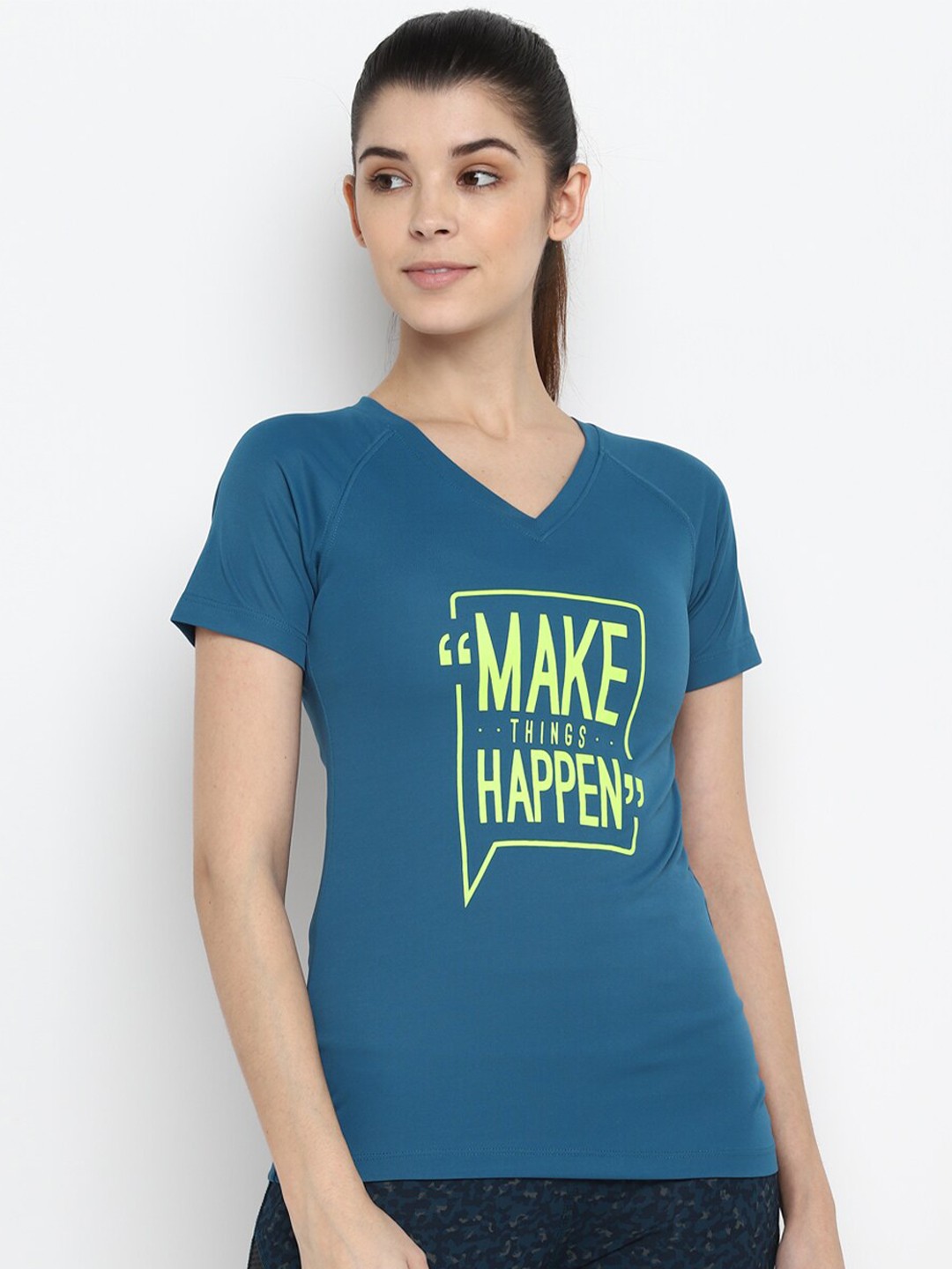 

Yuuki Women Blue Typography Printed V-Neck Slim Fit T-shirt