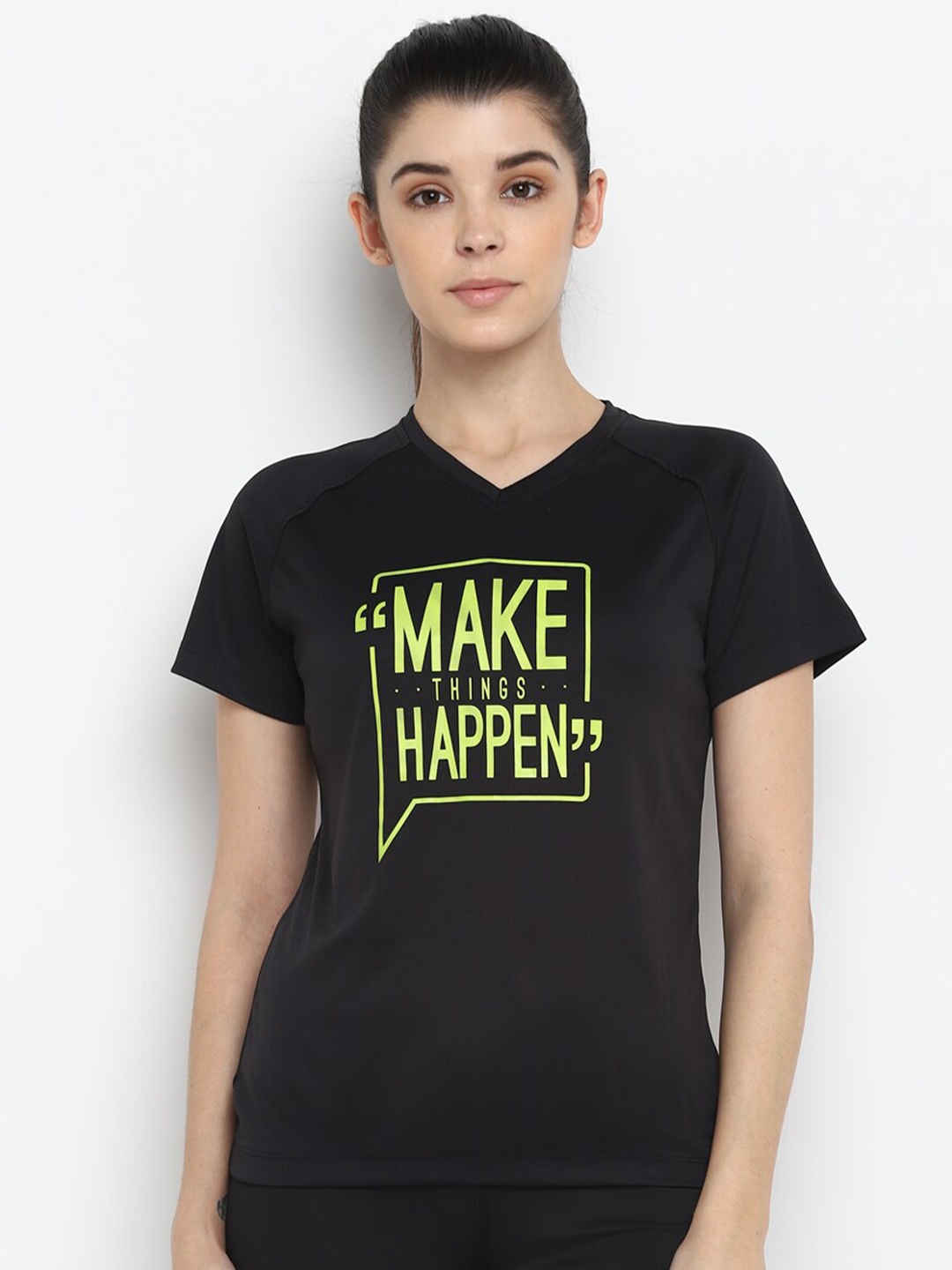 

Yuuki Women Black & Green Typography Printed V-Neck Slim Fit T-shirt