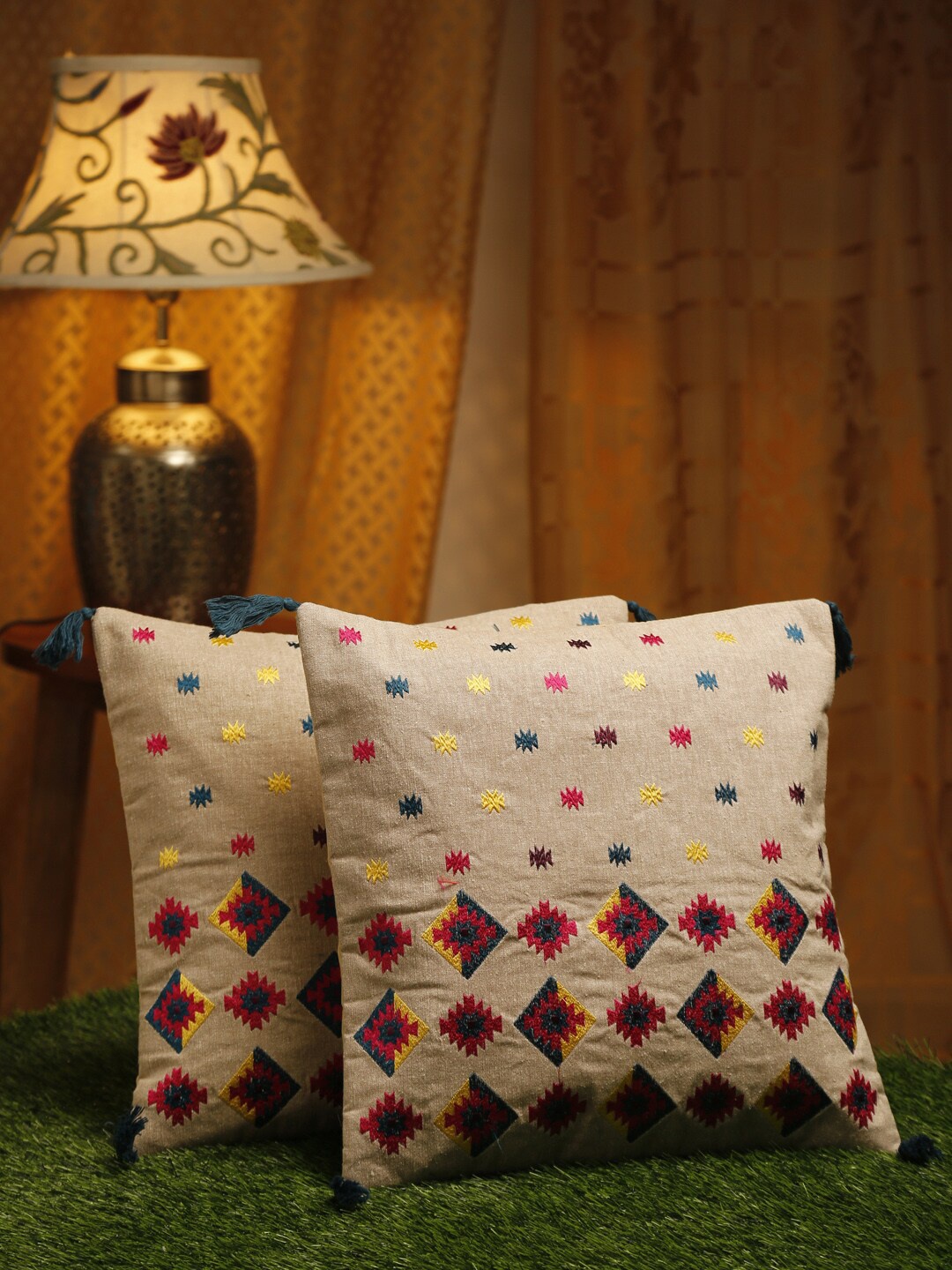 

HOSTA HOMES Beige & White Set of 2 Pure CottonEmbroidered Square Cushion Covers