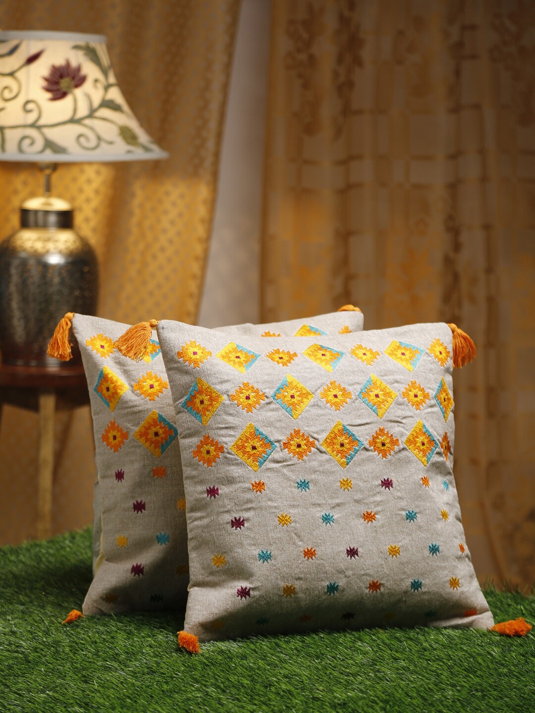 

HOSTA HOMES Beige & Yellow Set of 2 Embroidered Square Cushion Covers