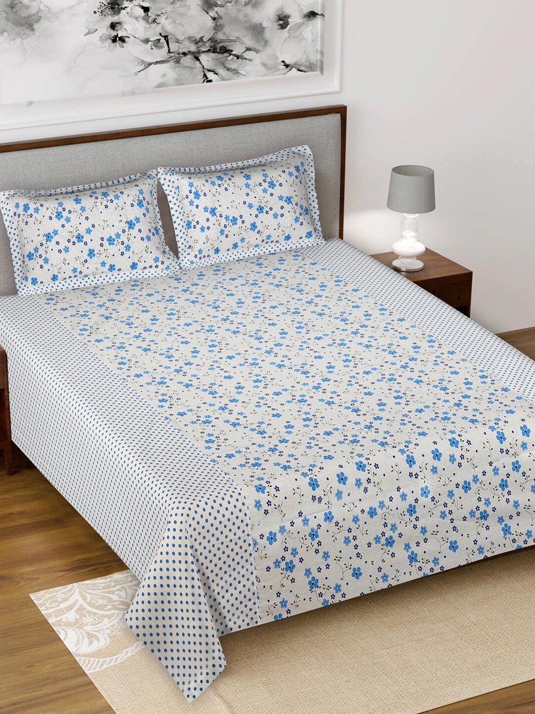 

Kuber Industries White & Blue Floral 144 TC King Bedsheet with 2 Pillow Covers