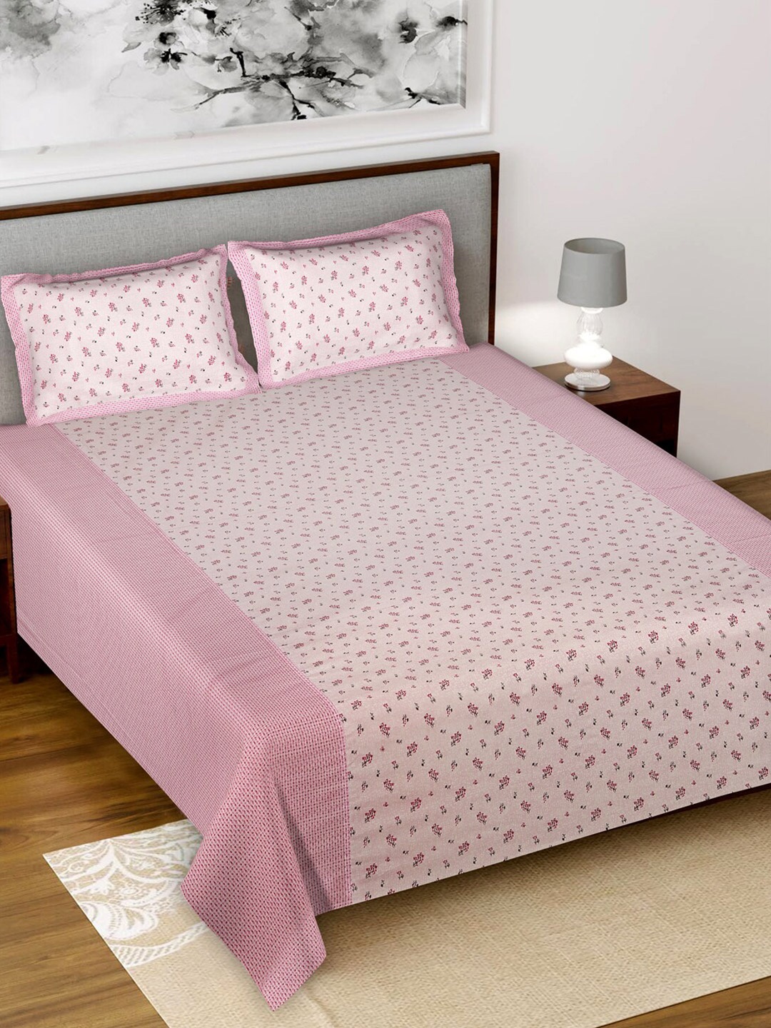 

Kuber Industries Pink & Black Floral 144 TC King Bedsheet with 2 Pillow Covers