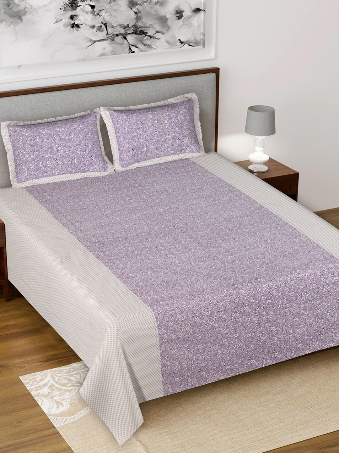 

Kuber Industries Purple & White Floral 144 TC King Bedsheet with 2 Pillow Covers