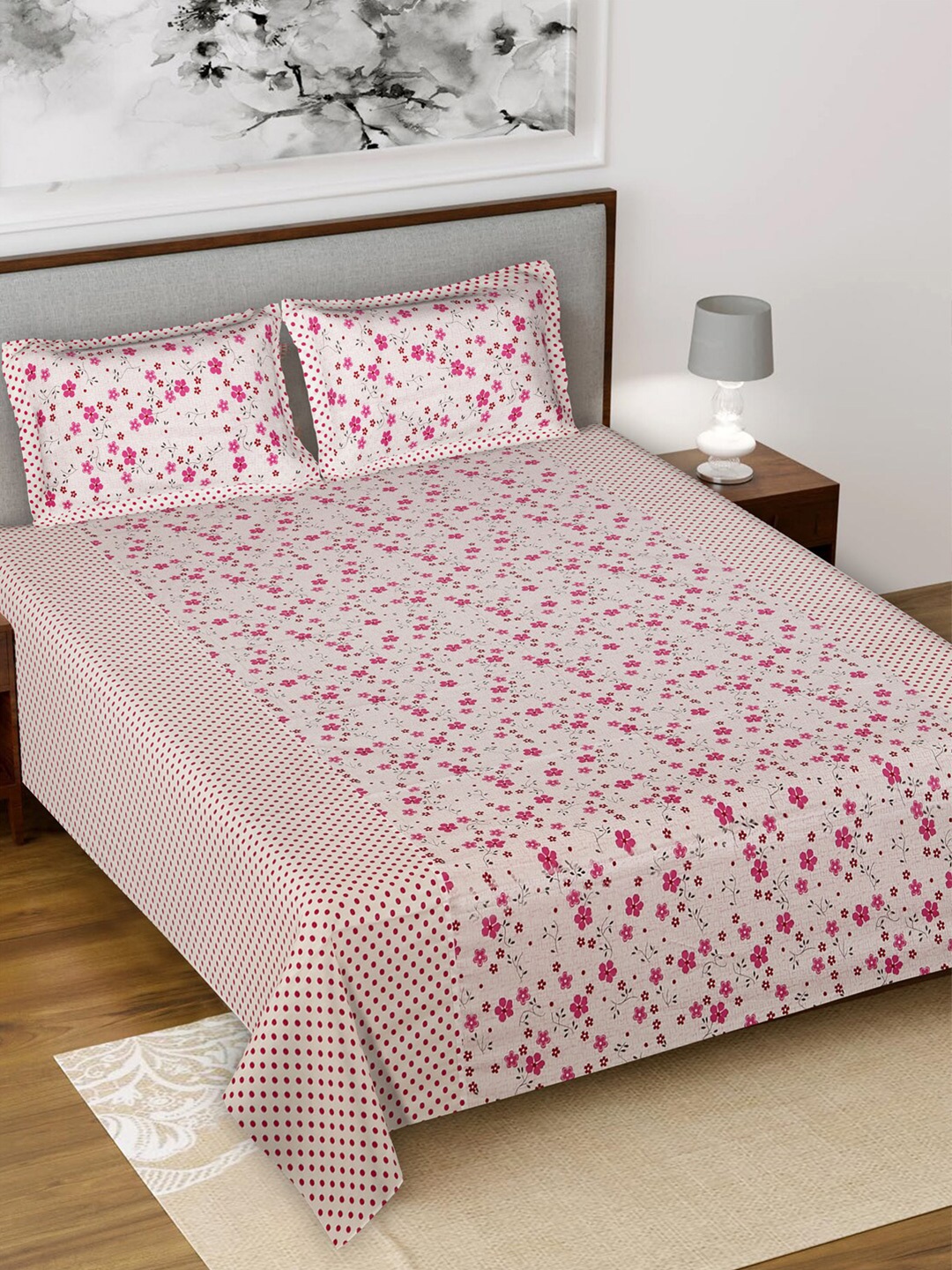 

Kuber Industries Pink Floral 144 TC King Bedsheet with 2 Pillow Covers