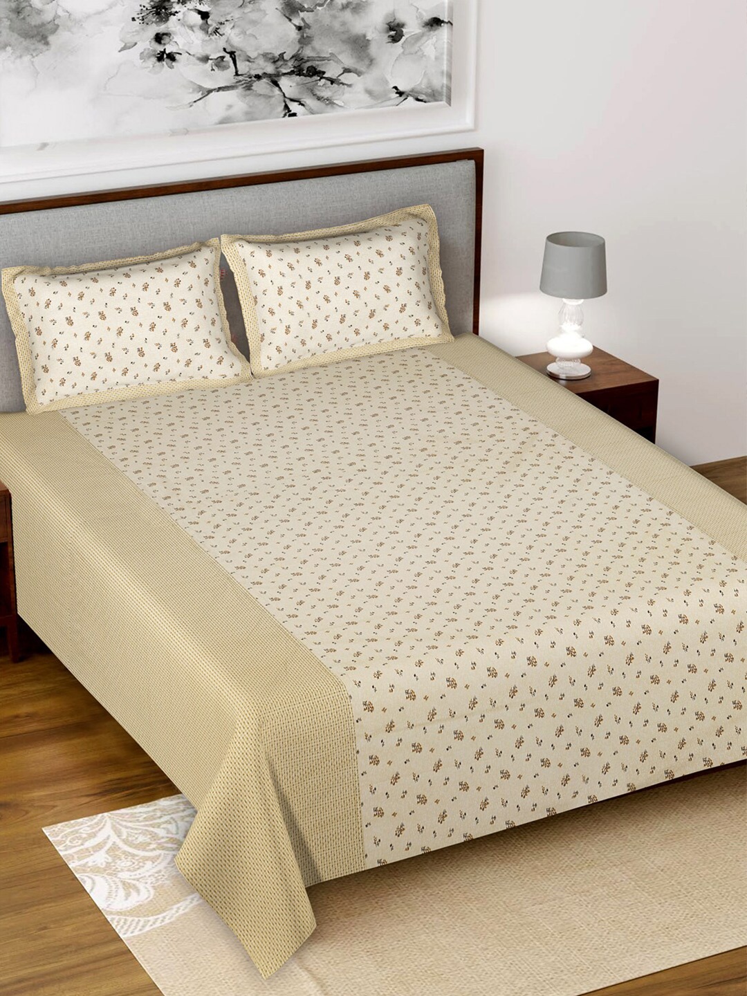 

Kuber Industries Cream-Coloured & Brown Floral 144 TC King Bedsheet with 2 Pillow Covers