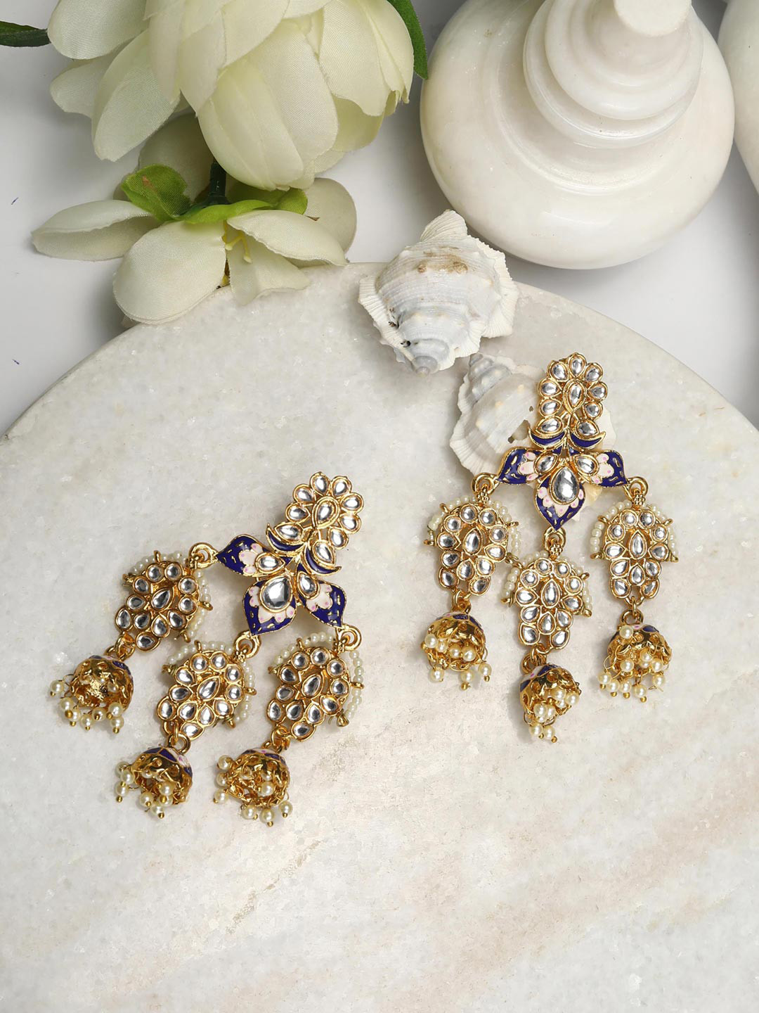 

Priyaasi Gold-Plated & Blue Kundan Studded Handcrafted Contemporary Drop Earrings