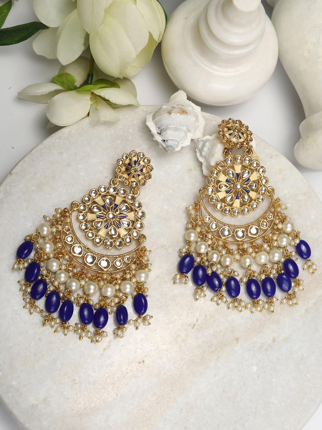 

Priyaasi Gold Plated & Blue Crescent Shaped Kundan Chandbalis Earrings