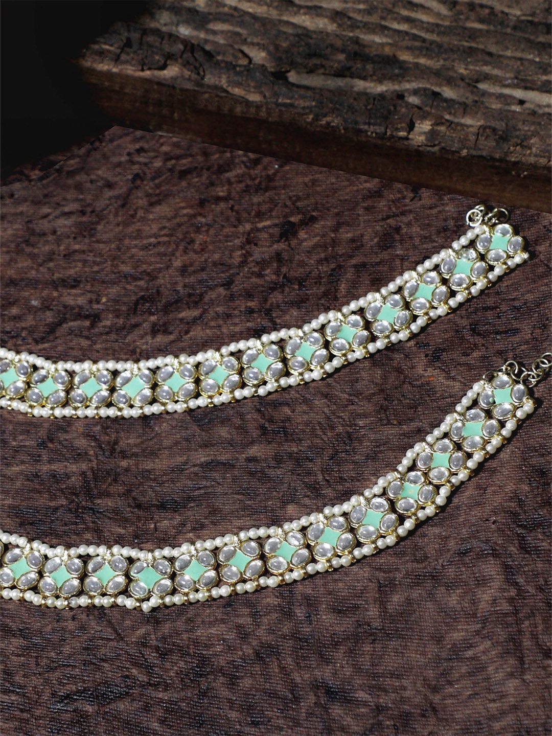

KARATCART Set Of 2 Gold-Plated White & Green Kundan-Studded Beaded Handcrafted Anklets