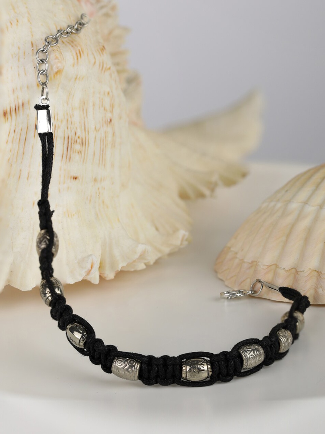 

Priyaasi Set Of 2 Silver-Plated & Black Beaded Thread Handcrafted Anklets