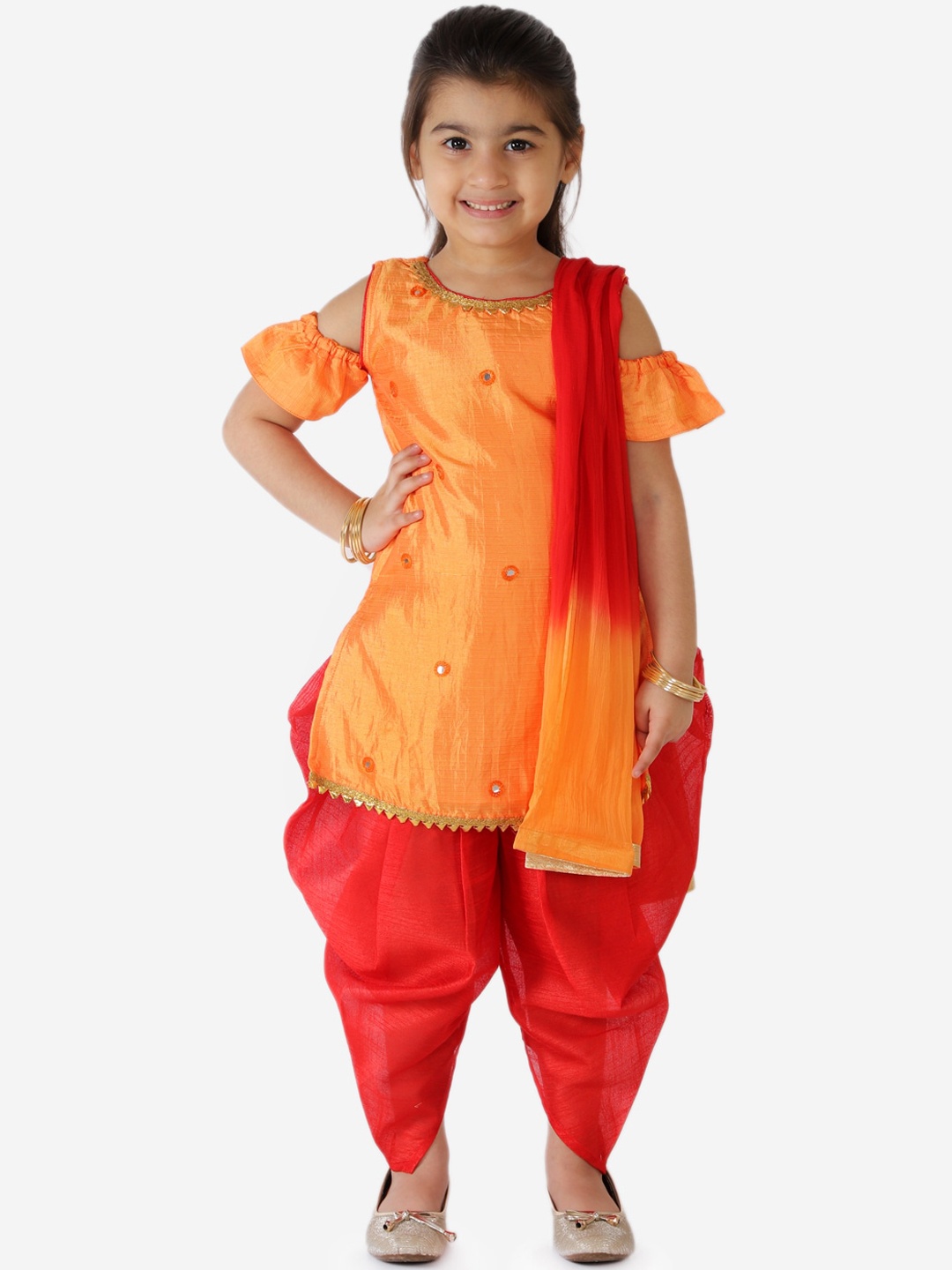 

KID1 Girls Orange Mirror Work Kurta with Patiala & With Dupatta