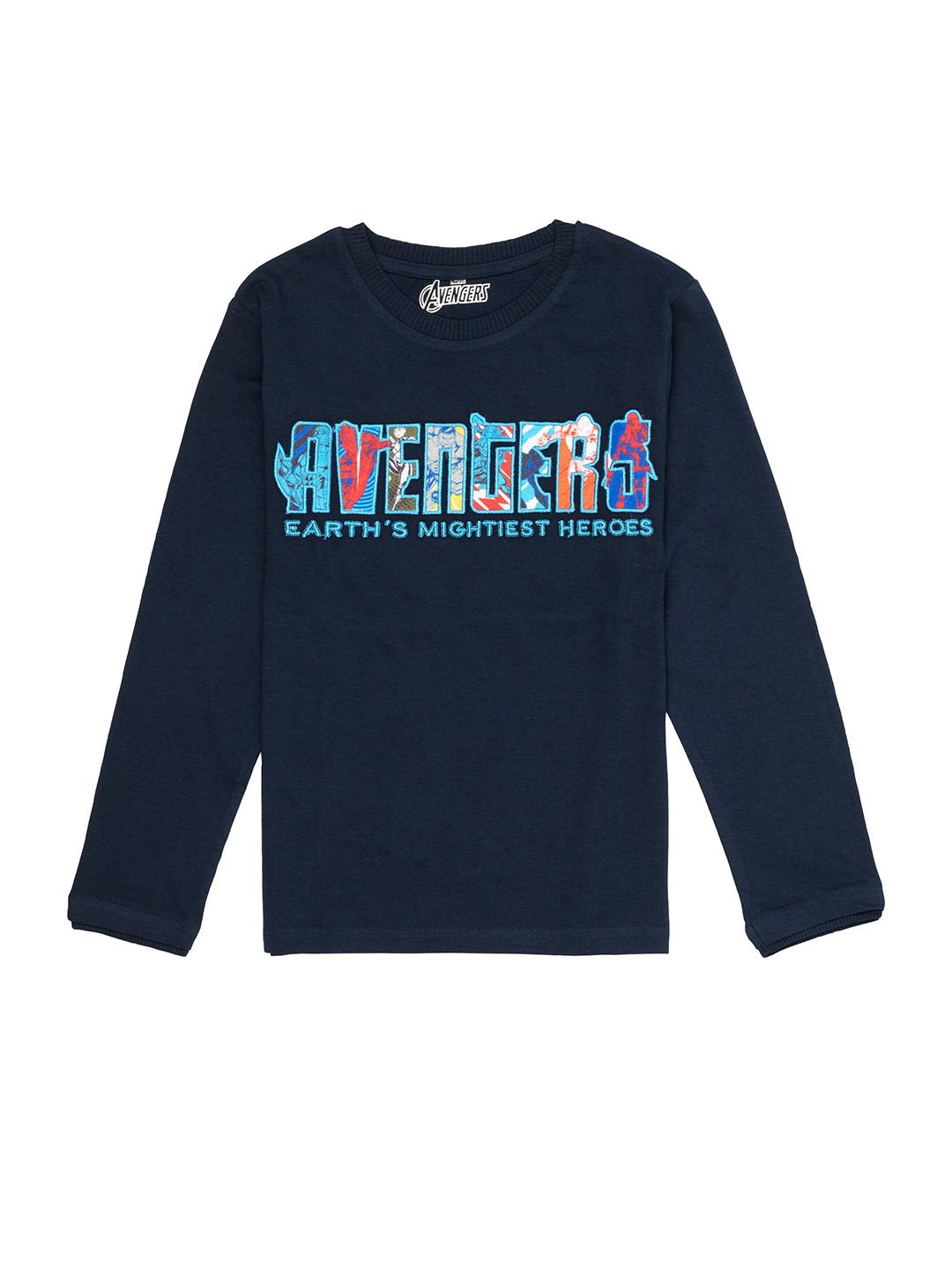 

Marvel Boys Navy Blue Red Avengers Typography Printed Full Sleeves Cotton Pure Cotton T-shirt