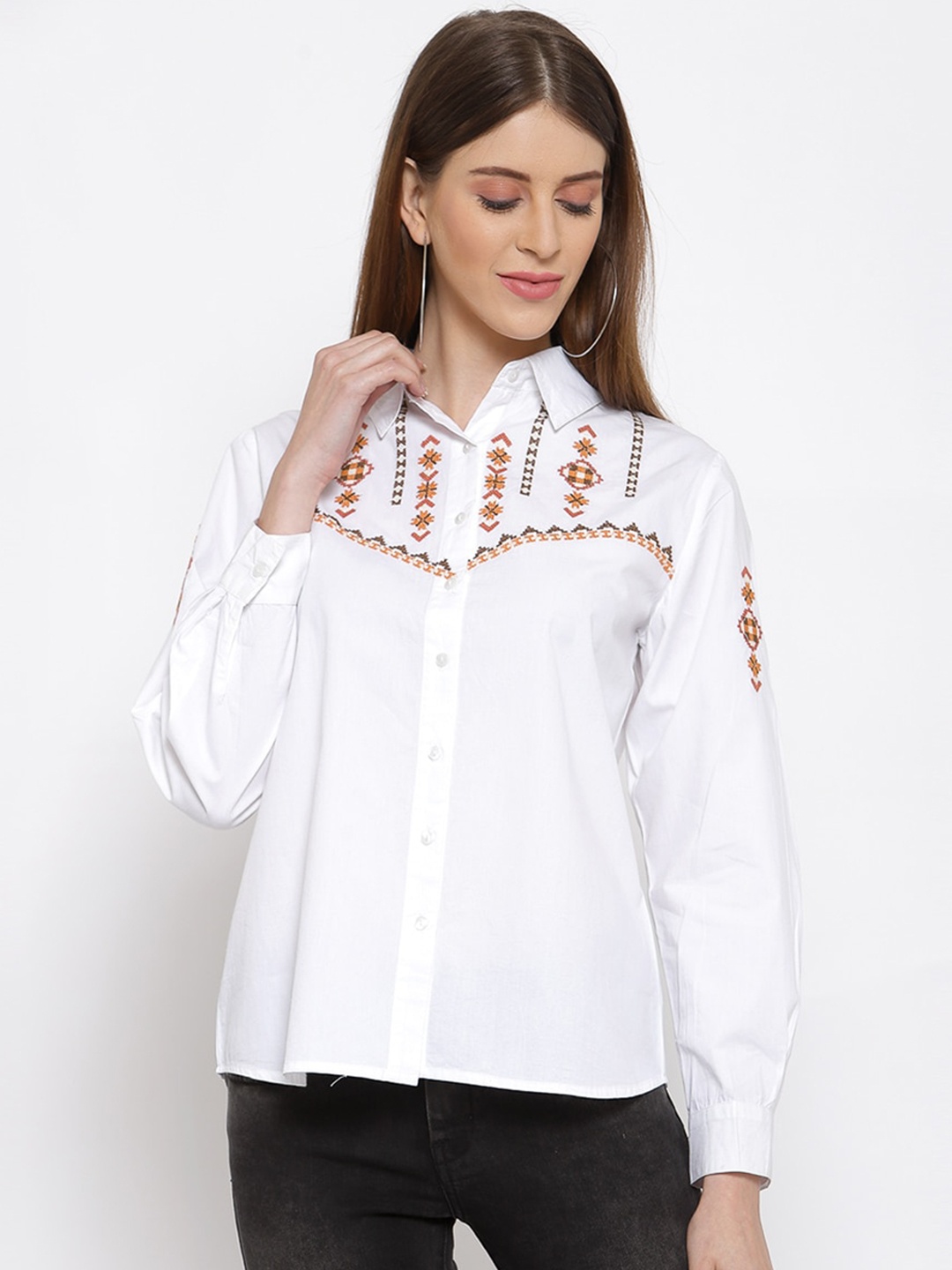 

SCOUP Women White Embroidered Cotton Casual Shirt