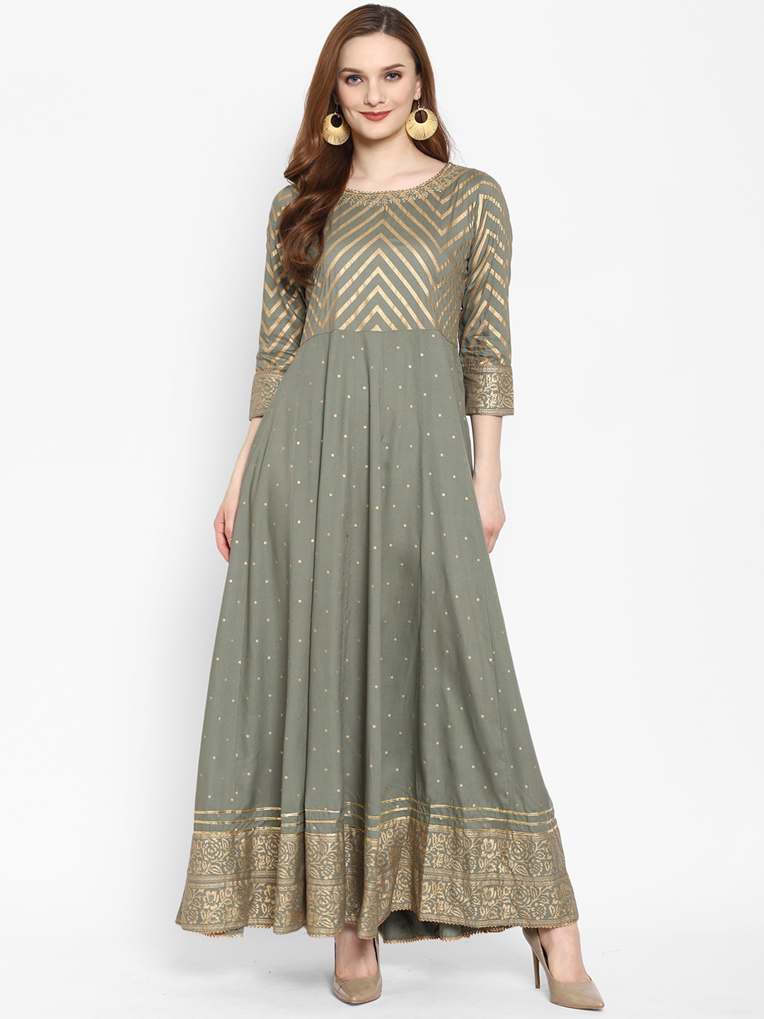 

Ramas Women Grey and Gold Ethnic Motifs Printed Anarkali Kurta