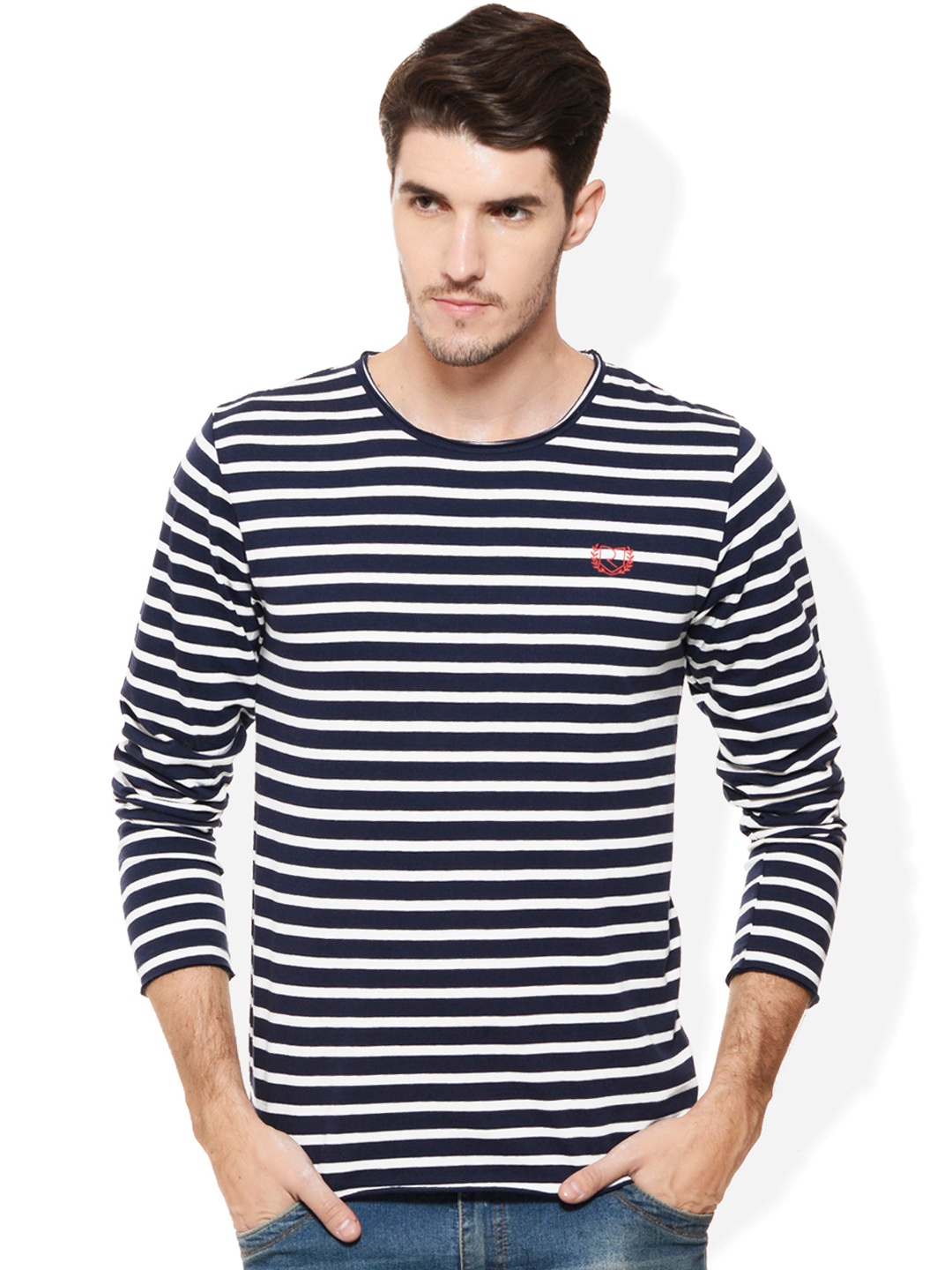 

Rigo Navy & White Striped Smart Fit T-shirt, Navy blue