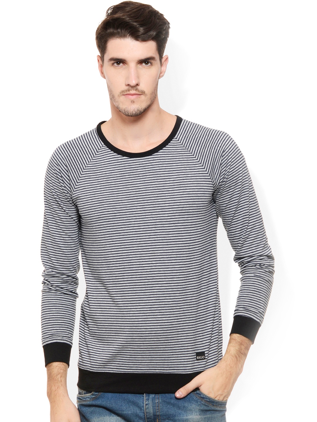 

Rigo Grey Melange & Black Striped Smart Fit T-shirt