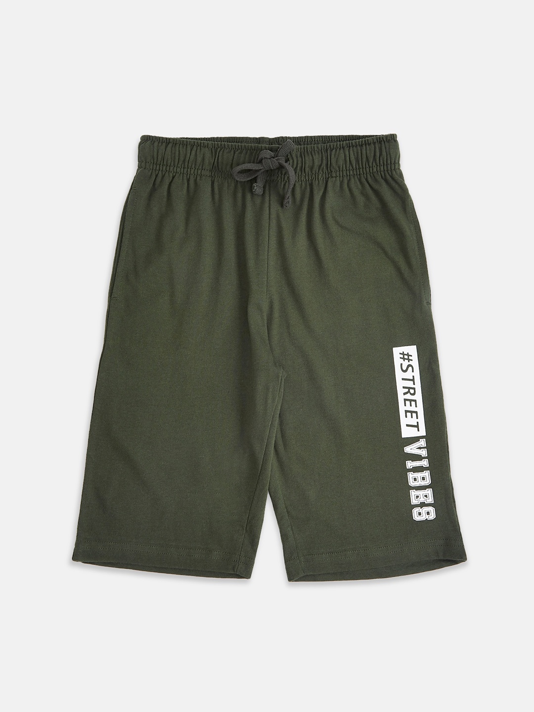 

Pantaloons Junior Boys Olive Green and White Typography Printed Mid-Rise Regular Shorts