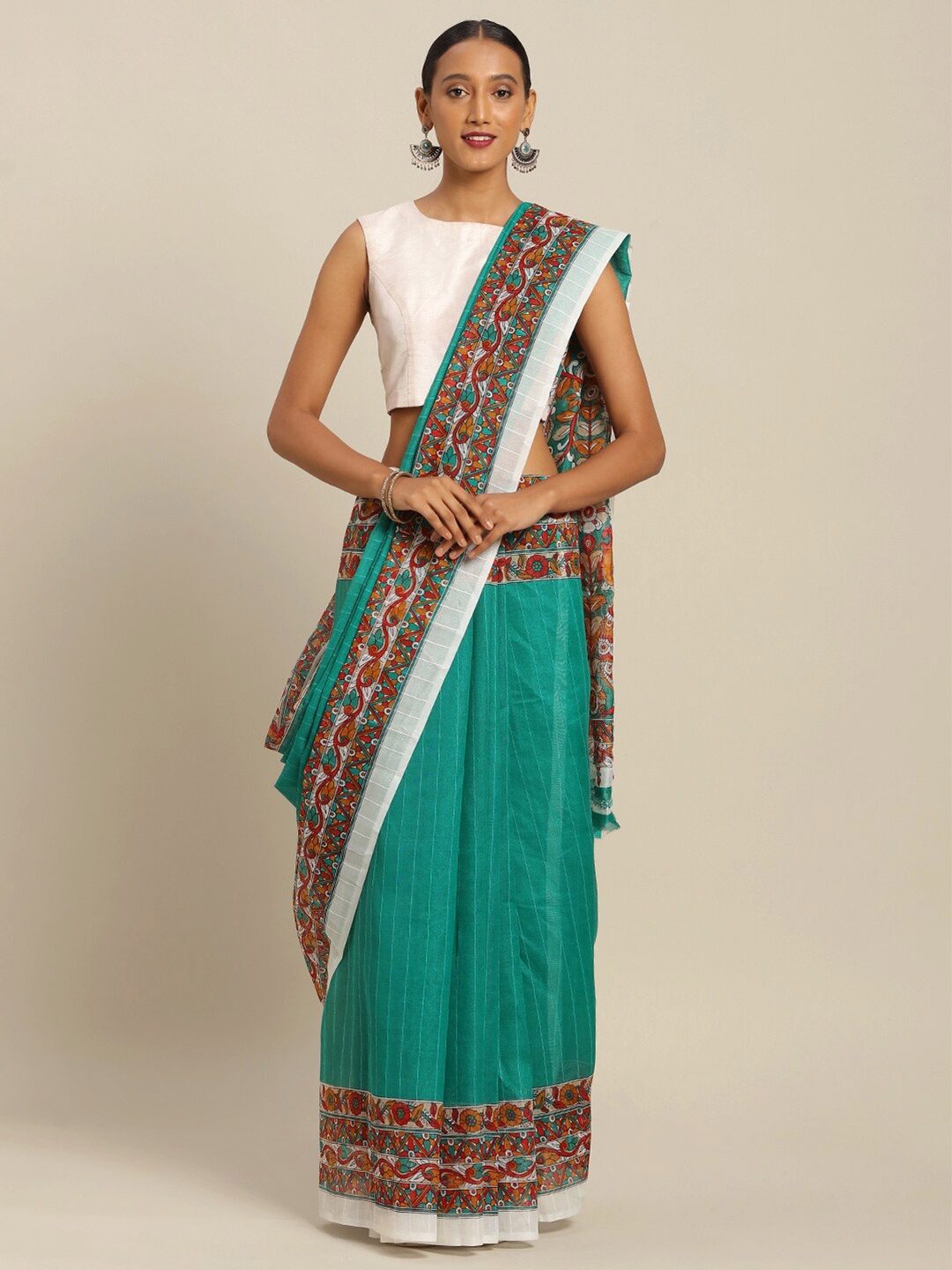 

KALINI Sea Green & Red Kalamkari Bhagalpuri Saree