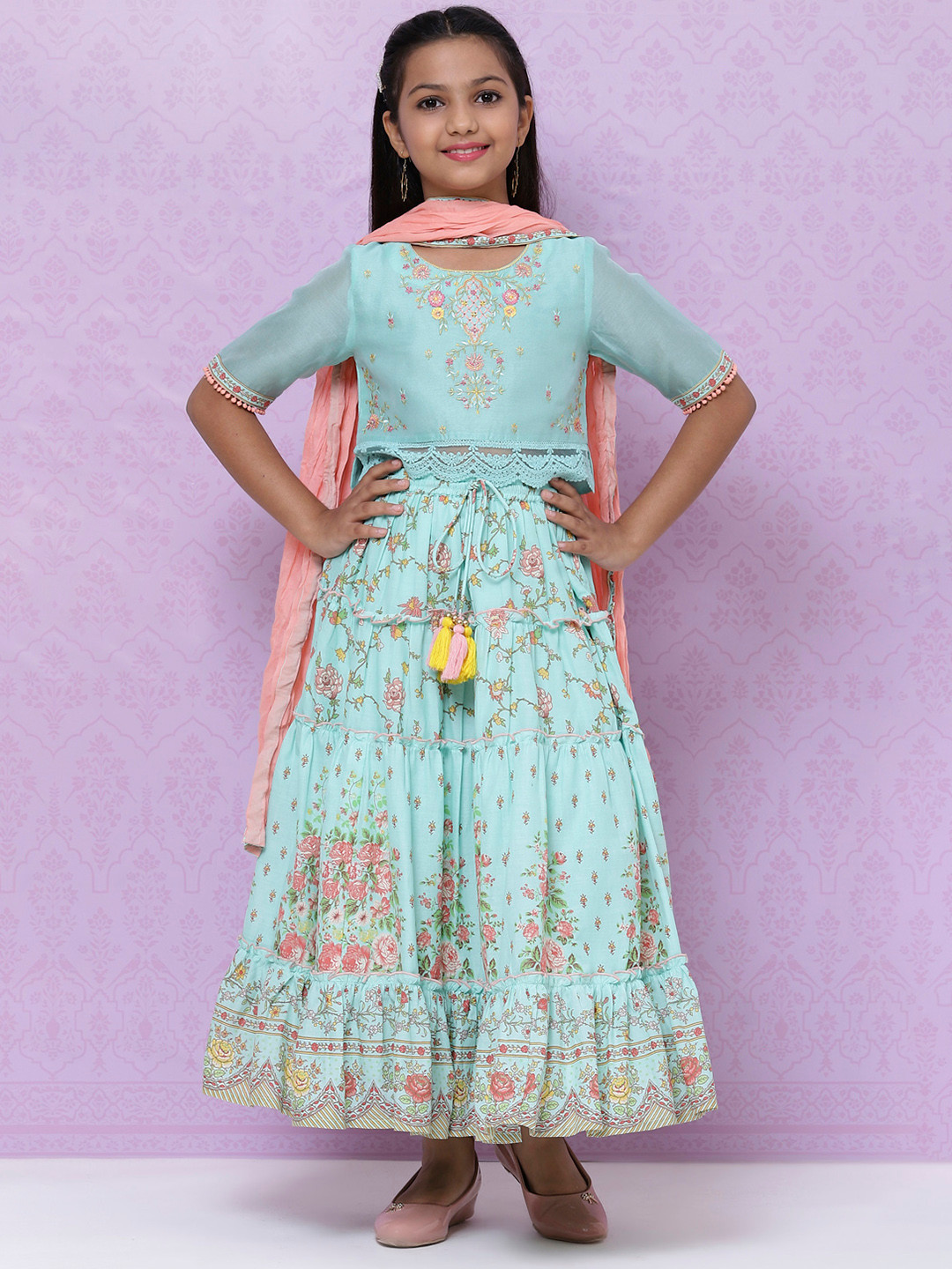 

Biba Girls Turquoise Blue & Peach-Coloured Floral Ready to Wear Lehenga Choli with Dupatta