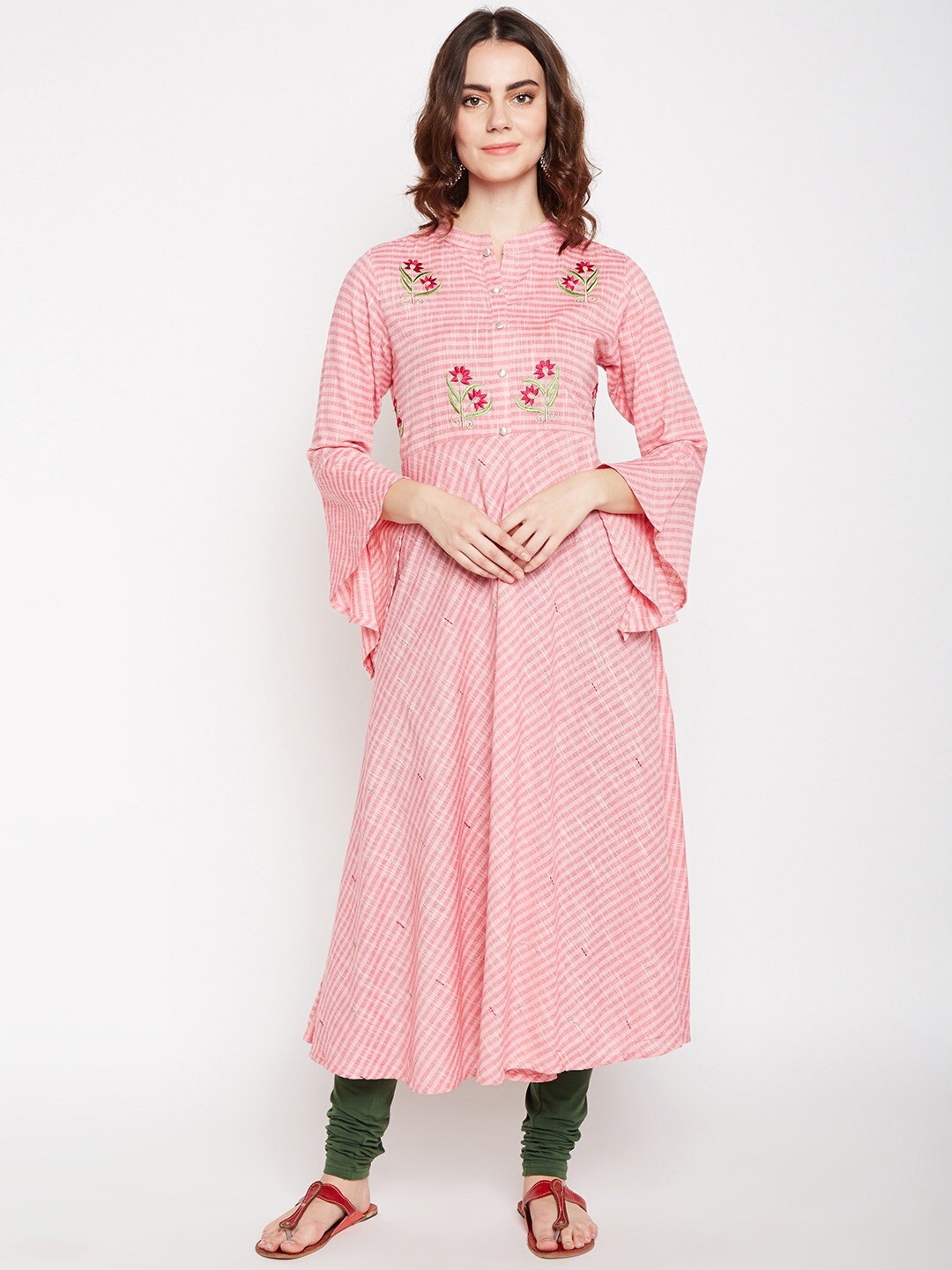 

Be Indi Women Pink Embroidered Keyhole Neck Flared Sleeves Thread Work Anarkali Kurta