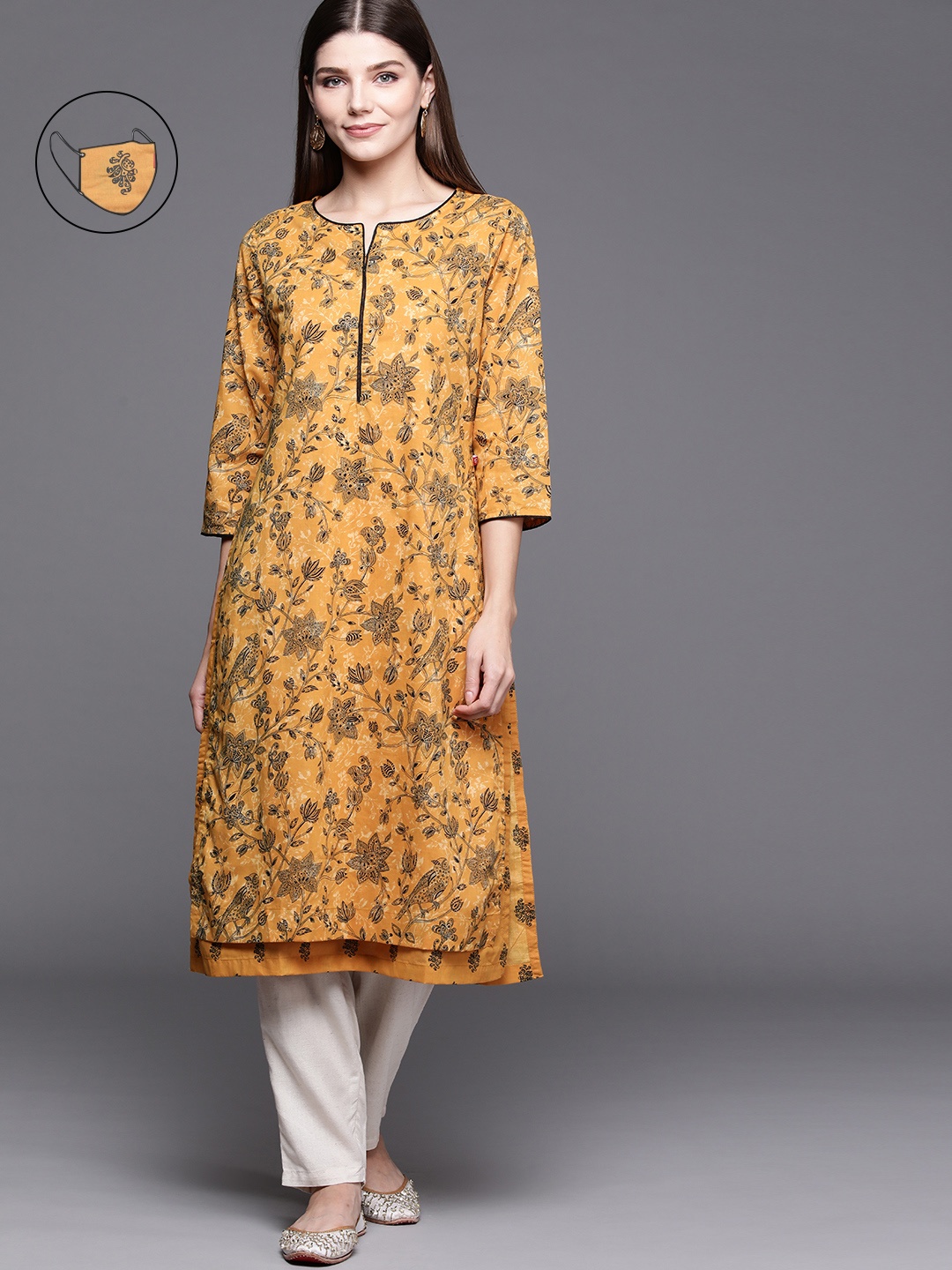 

Biba Women Mustard Yellow & Black Floral Printed Kurta with Mask