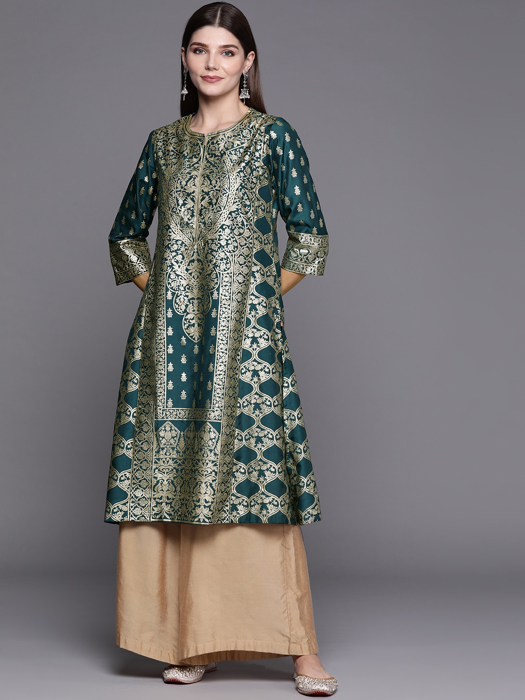 

Biba Women Teal & Gold-Toned Ethnic Motifs Kurta