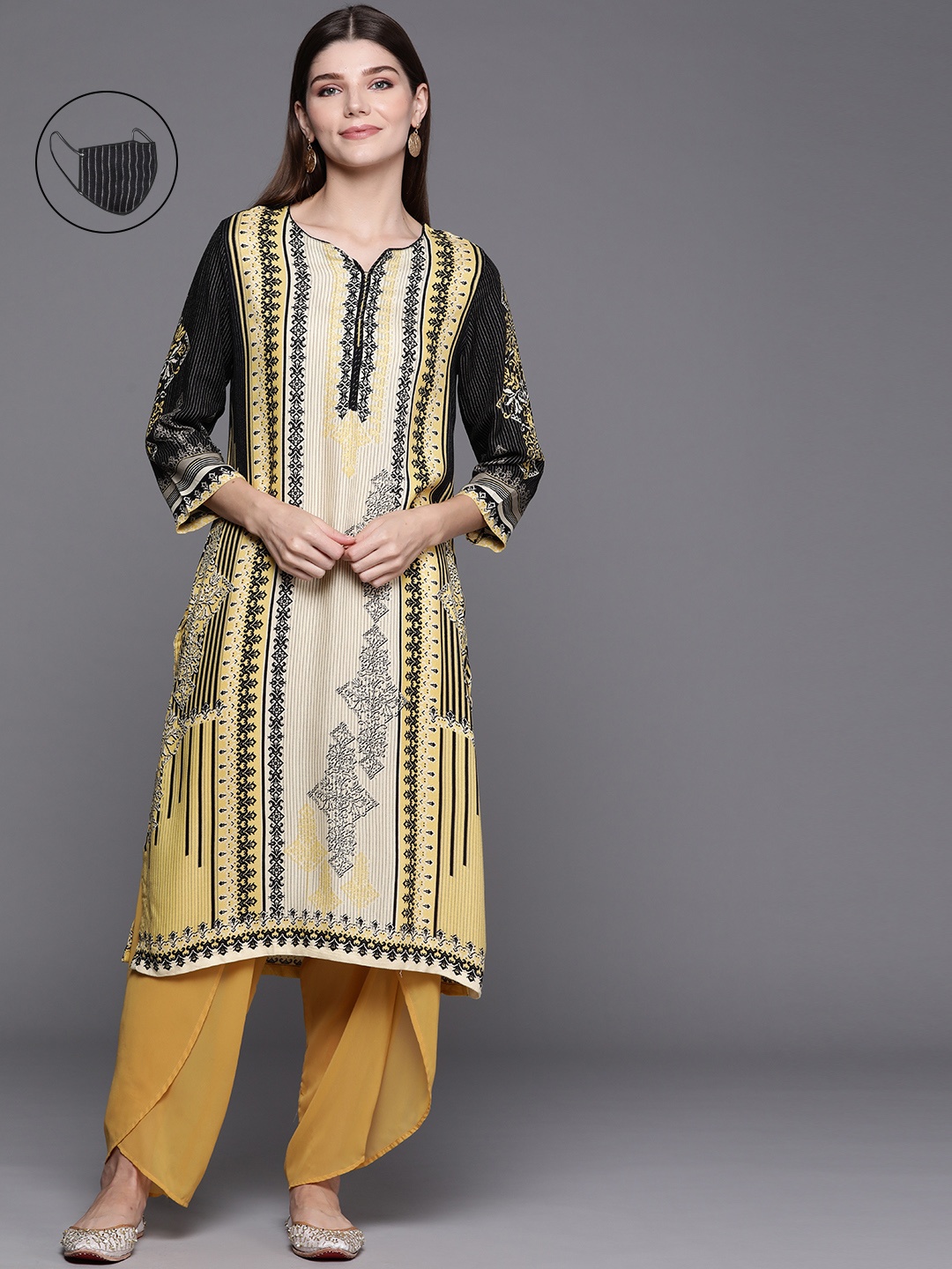 

Biba Women Yellow & Black Ethnic Motifs Print Straight Kurta with Mask