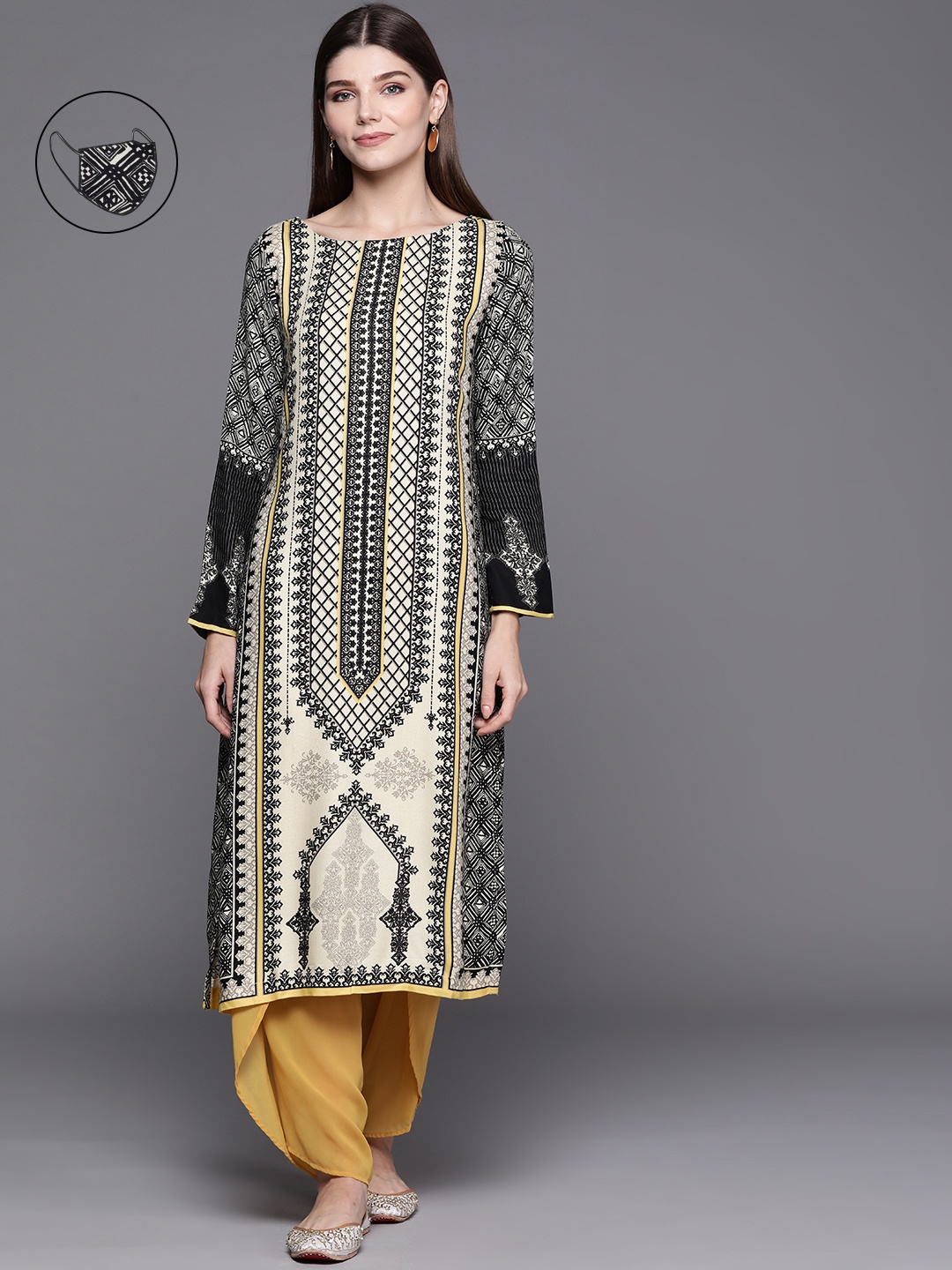 

Biba Women Black & Cream-Coloured Ethnic Motifs Printed Kurta with Mask