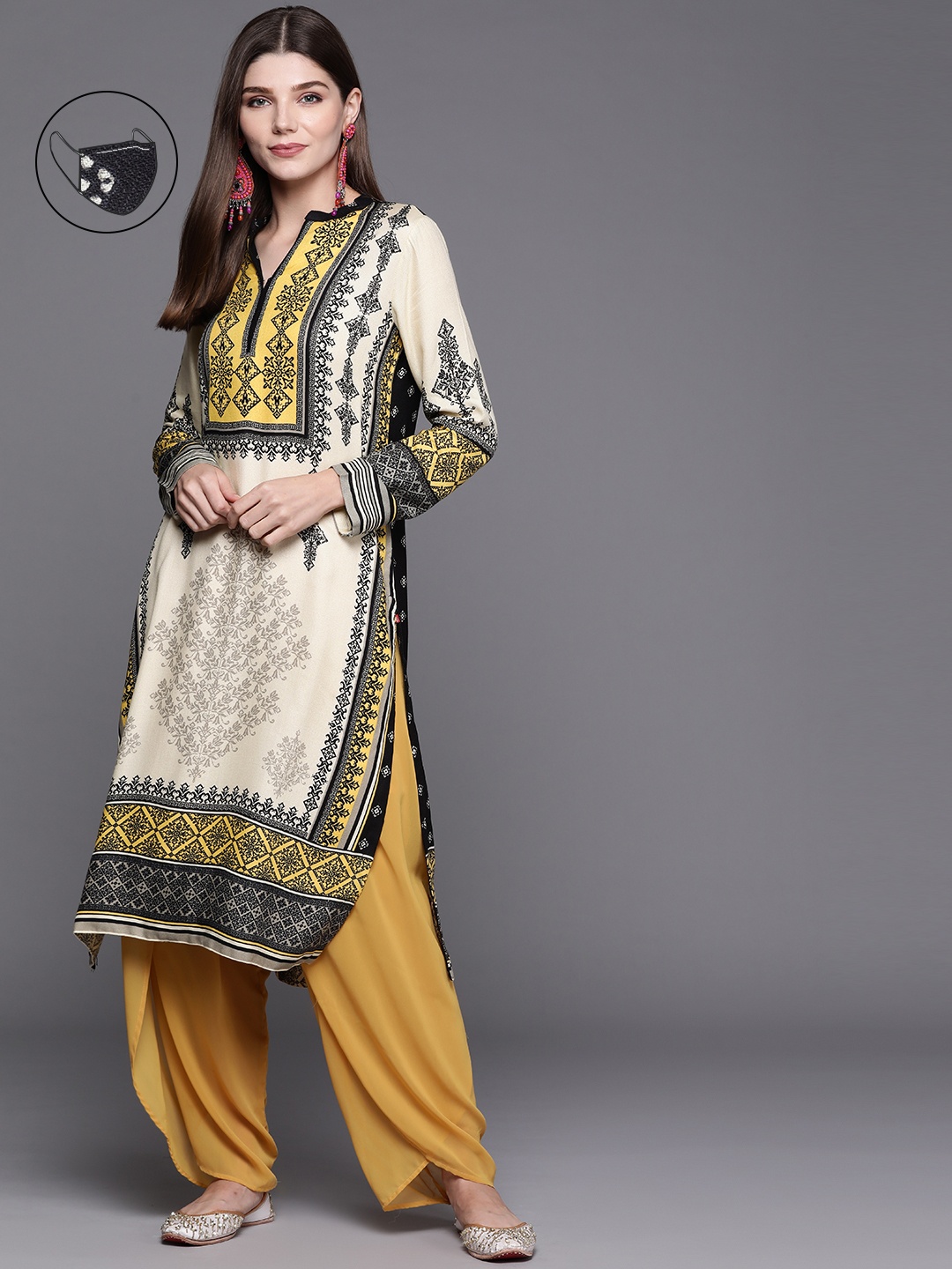 

Biba Women Black & Cream-Coloured Ethnic Motifs Printed Kurta with Mask