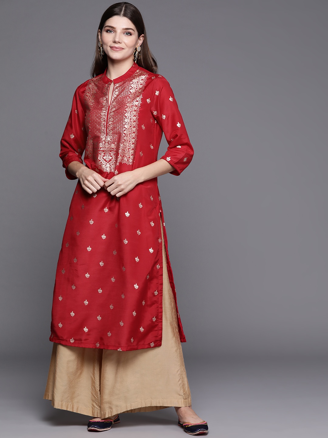 

Biba Women Red & Golden Ethnic Motifs Print Straight Kurta