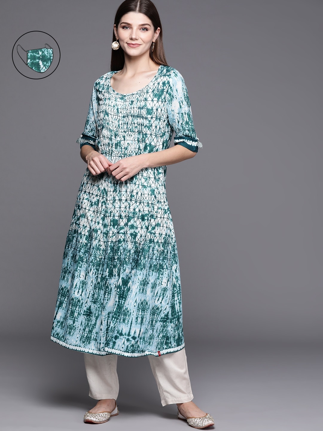 

Biba Women Green & White Geometric Dyed Kurta with Mask