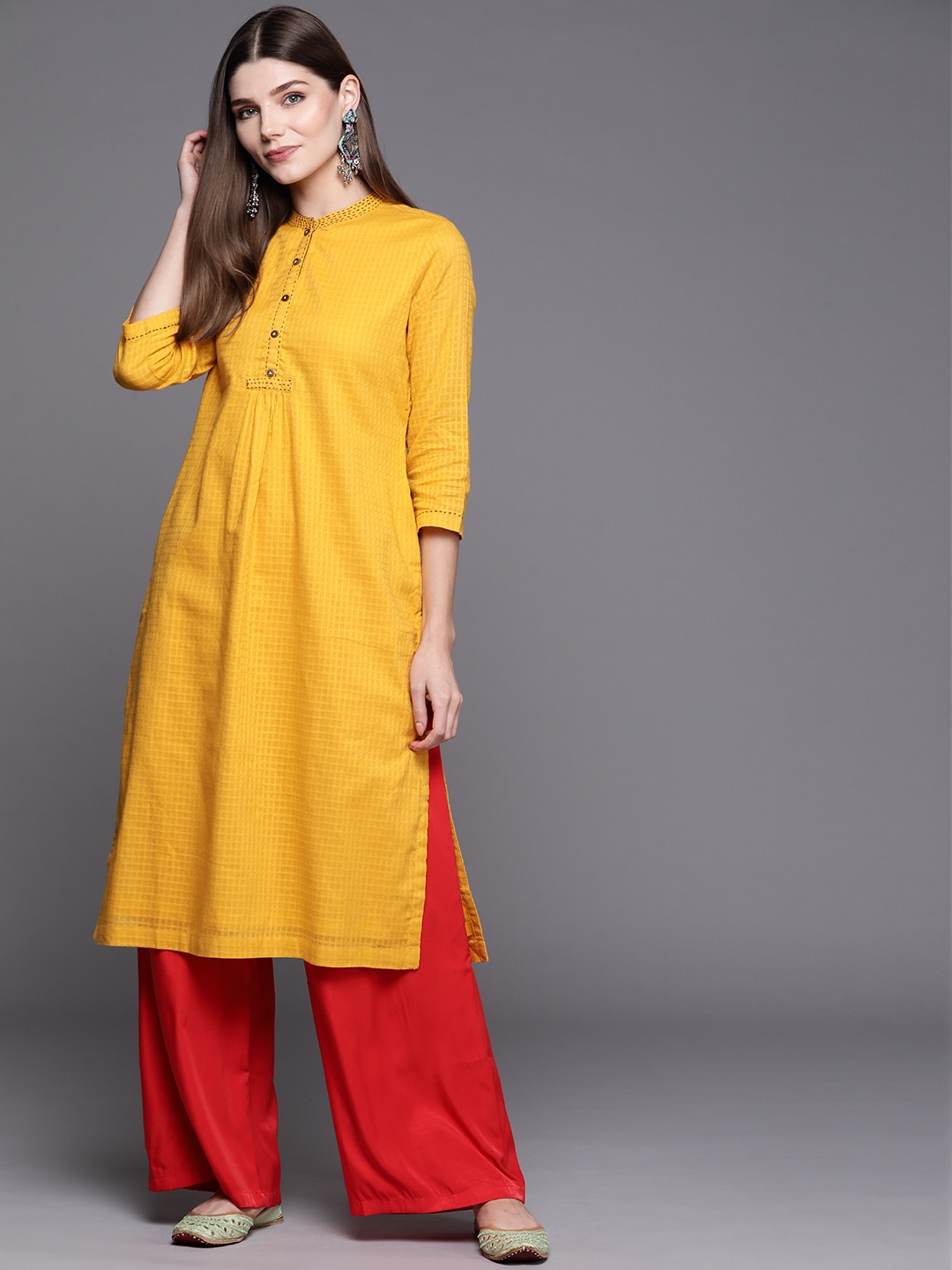 

Biba Women Yellow Checked Kurta