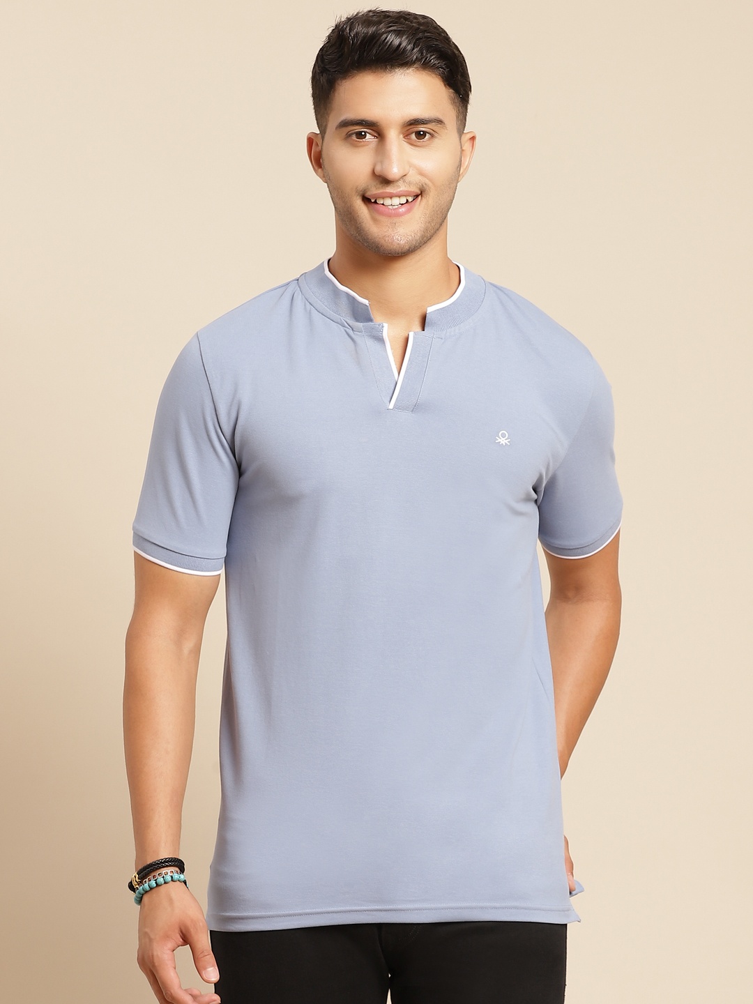 

United Colors of Benetton Men Blue Stand Collar T-shirt