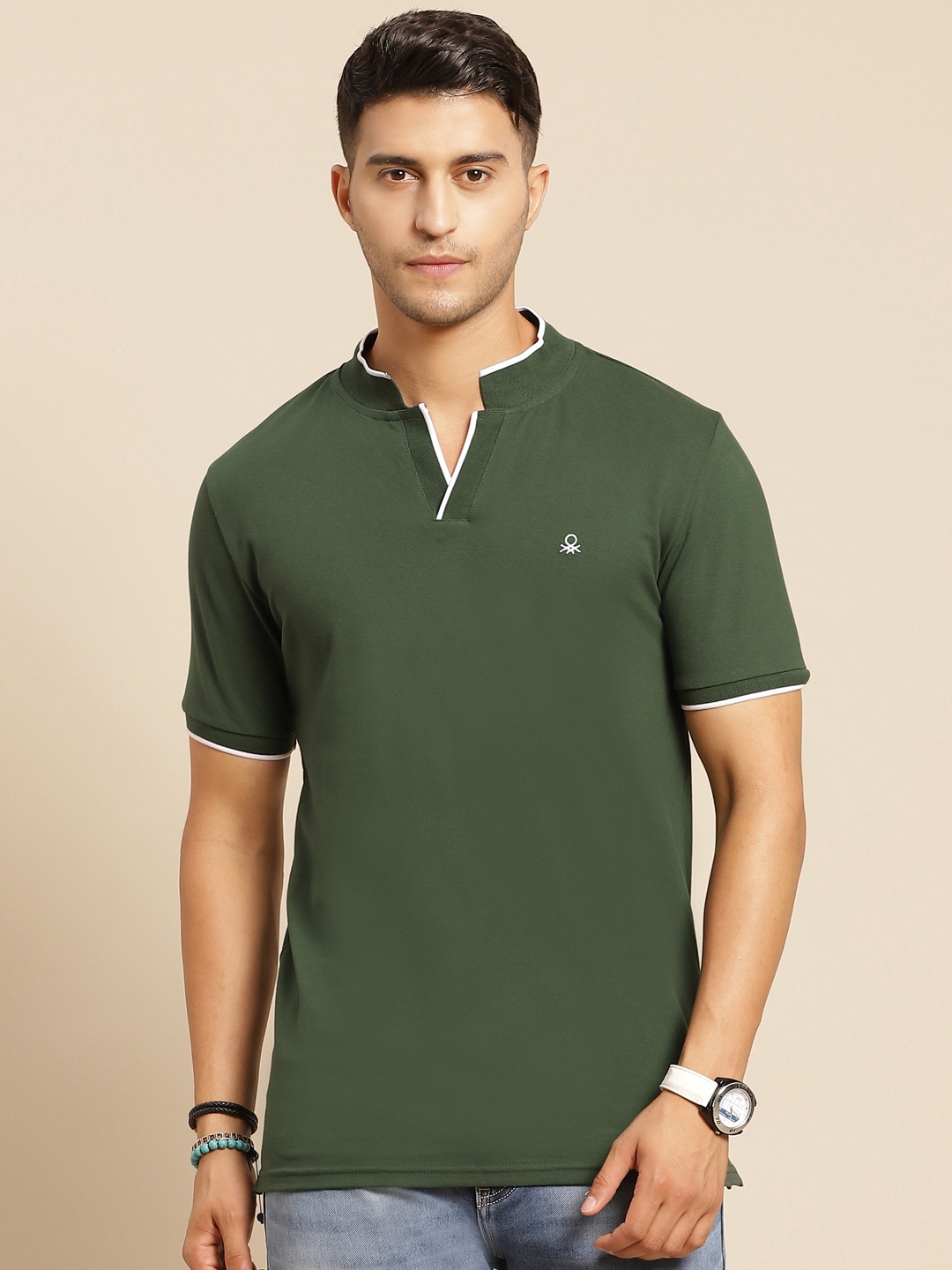 

United Colors of Benetton Men Olive Green Stand Collar T-shirt