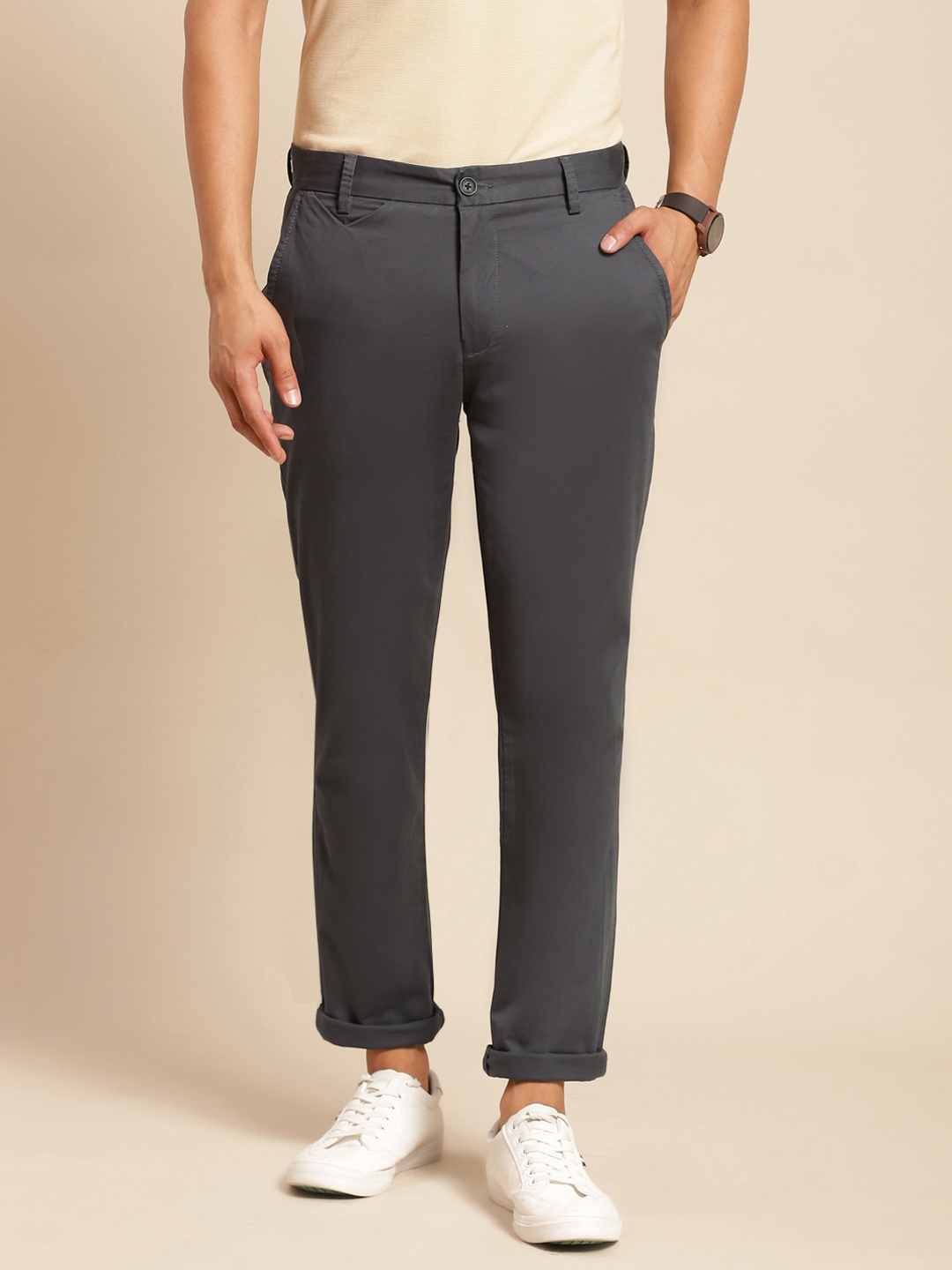 

United Colors of Benetton Men Charcoal Grey Solid Slim Fit Chinos Trousers