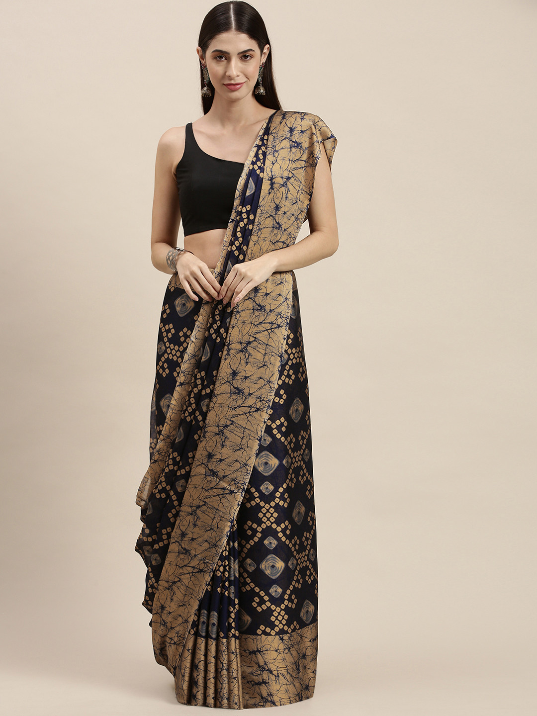 

KALINI Navy Blue & Beige Bandhani Saree