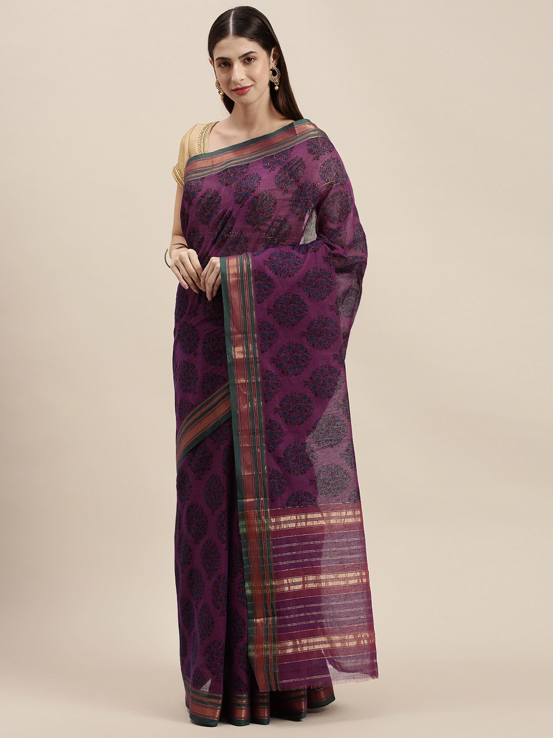 

KALINI Magenta & Blue Floral Pure Cotton Venkatgiri Saree