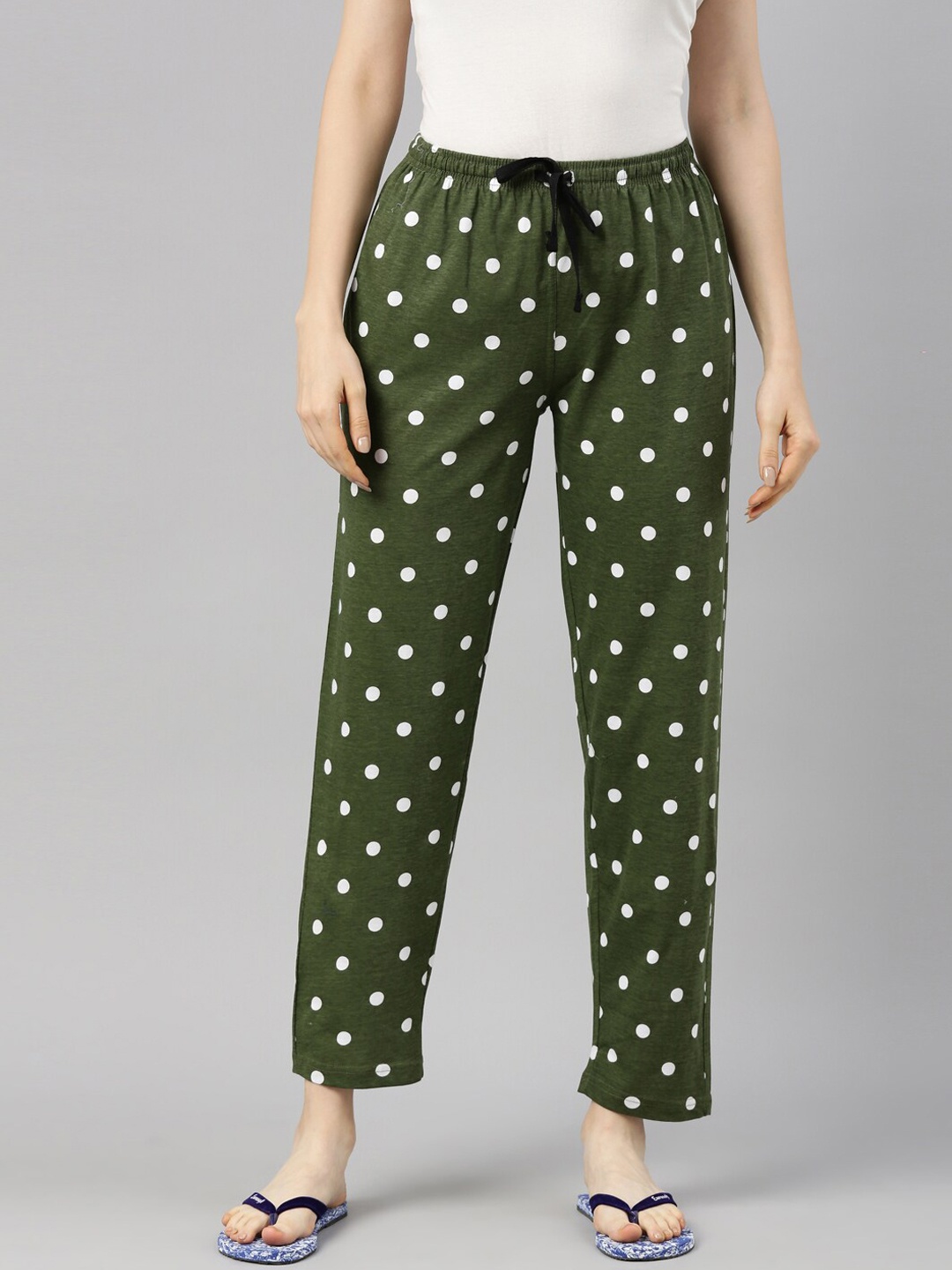 

Kryptic Women Green & White Polka Dots Printed Pure Cotton Relaxed Fit Lounge Pants