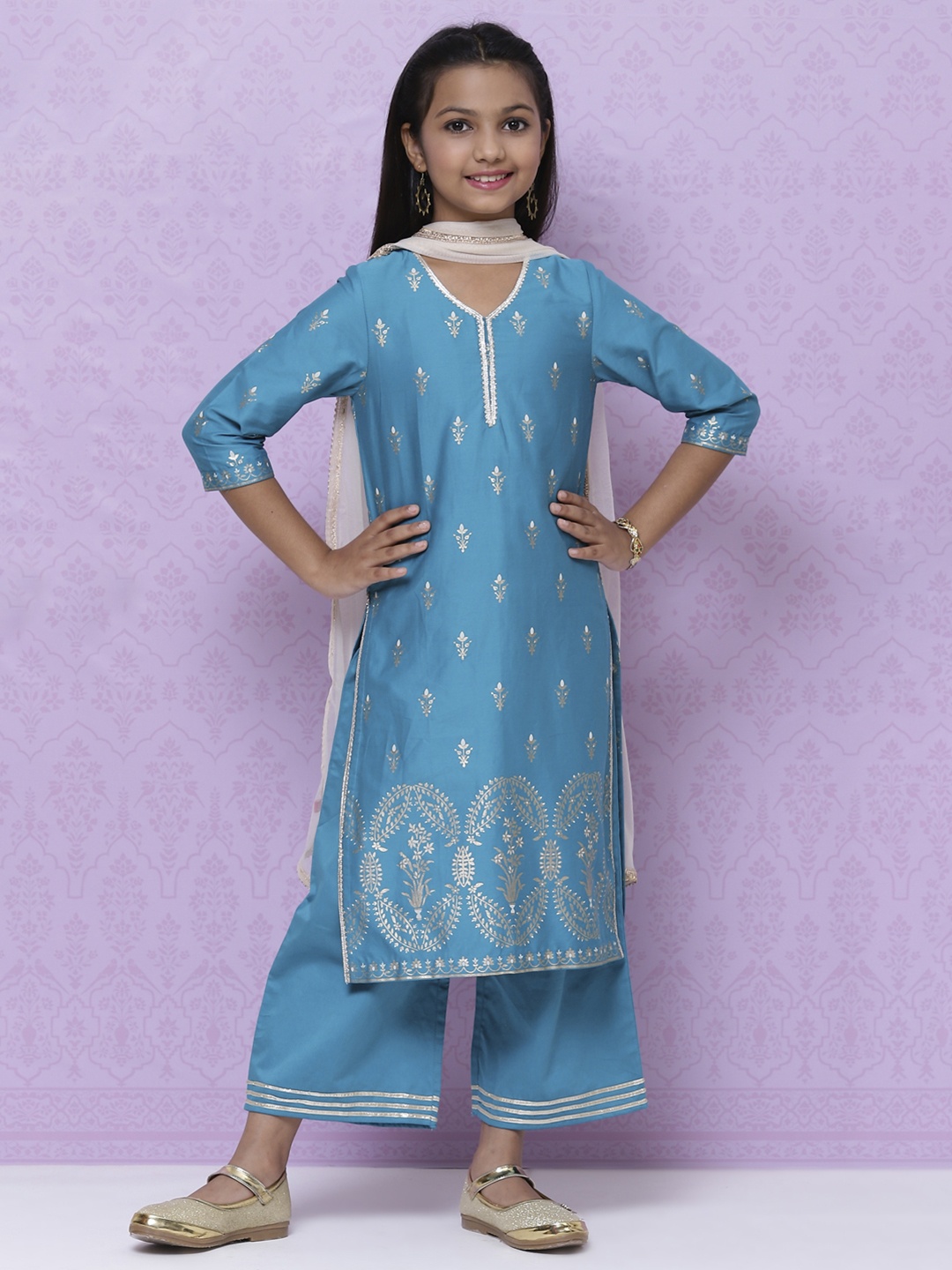

Biba Girls Teal Blue & Gold Ethnic Print Gotta Patti Straight Cotton Kurta Set & Dupatta