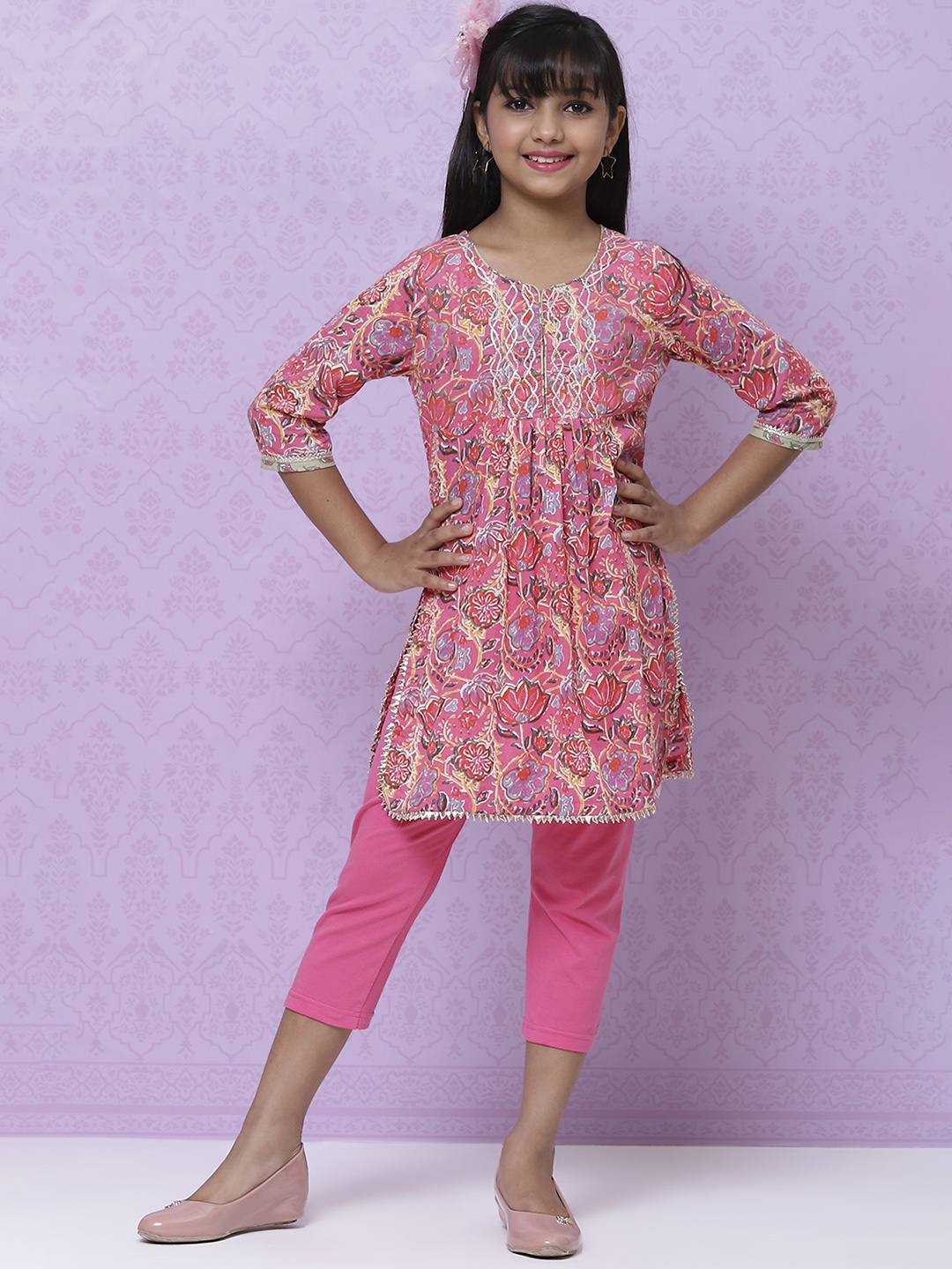 

Biba Girls Pink & Green Ethnic Print Pleated Gotta Patti Straight Pleated Kurta & Trousers