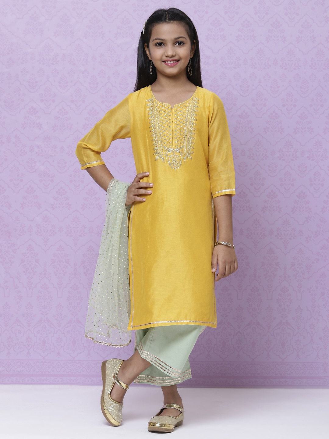 

Biba Girls Mustard Yellow & Gold Sequin Yoke Design Straight Kurta with Palazzos & Dupatta